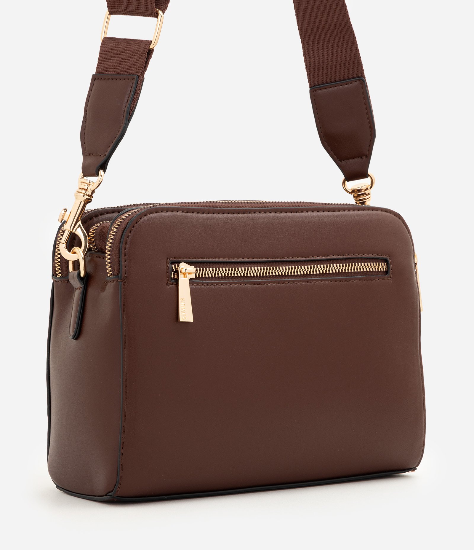 Bolsa Transversal Média em PU com Zíper Marrom 3
