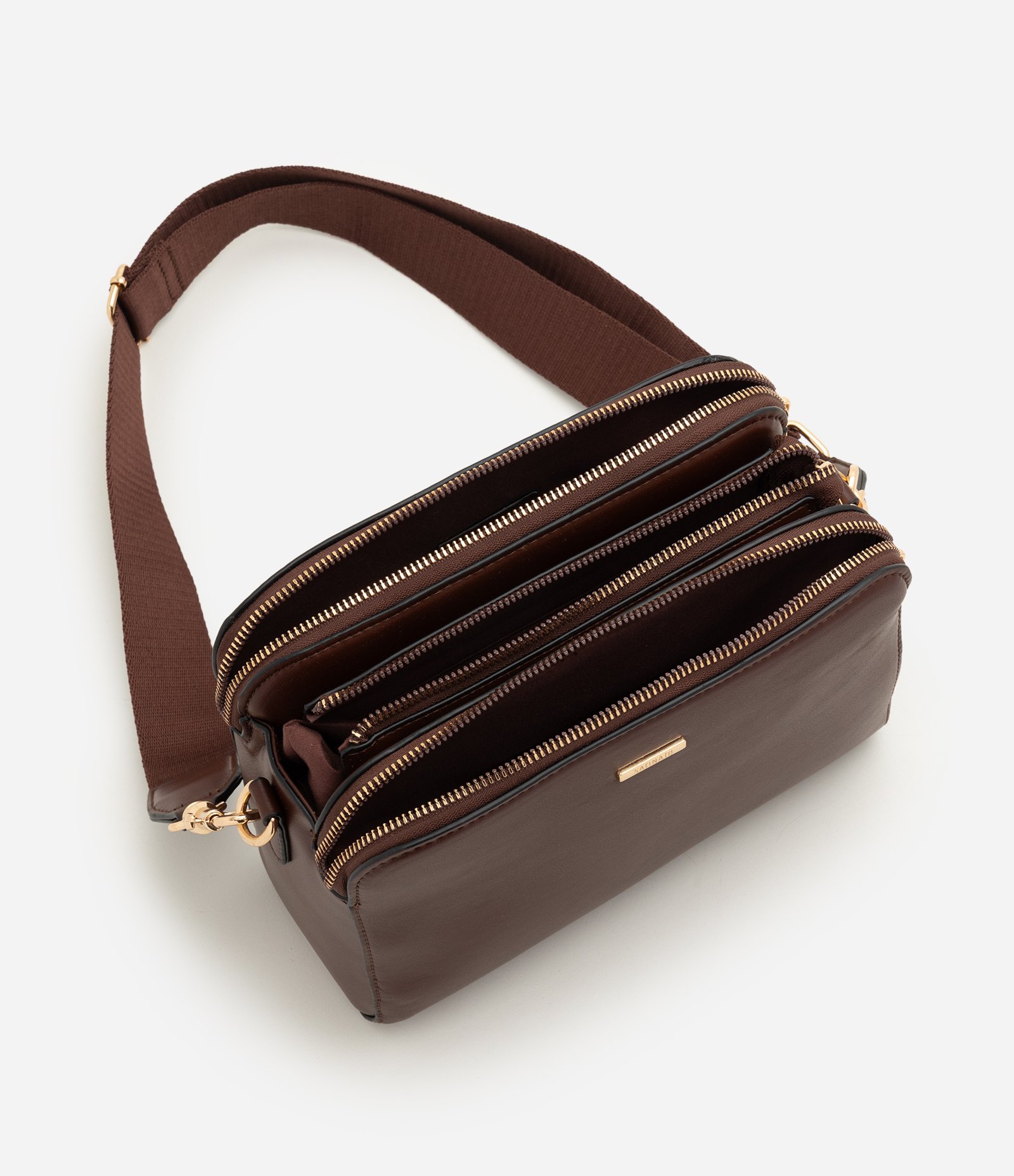 Bolsa Transversal Média em PU com Zíper Marrom 4