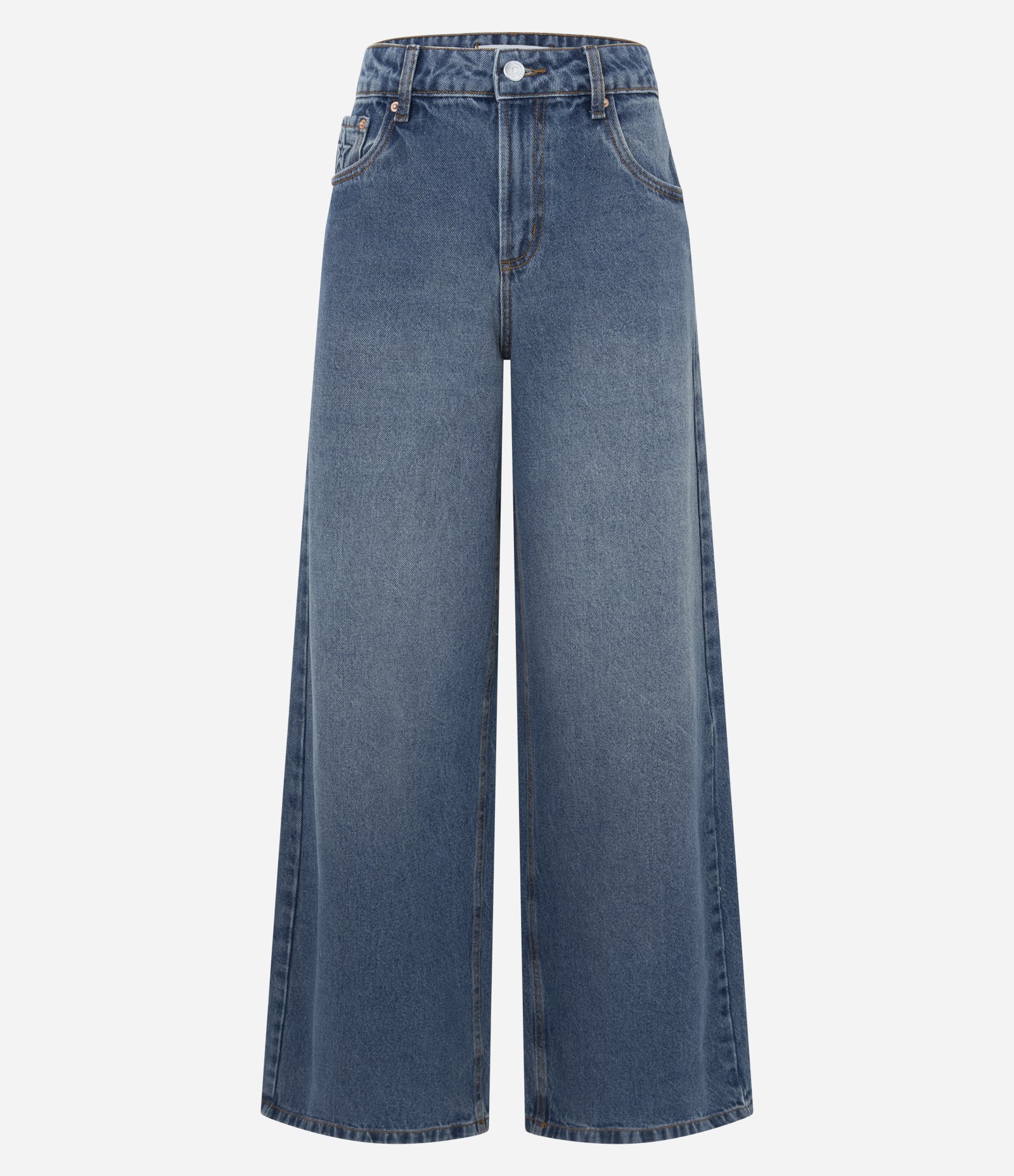 Calça Wide em Jeans com Cintura Média e Bordado Estrela Azul 5