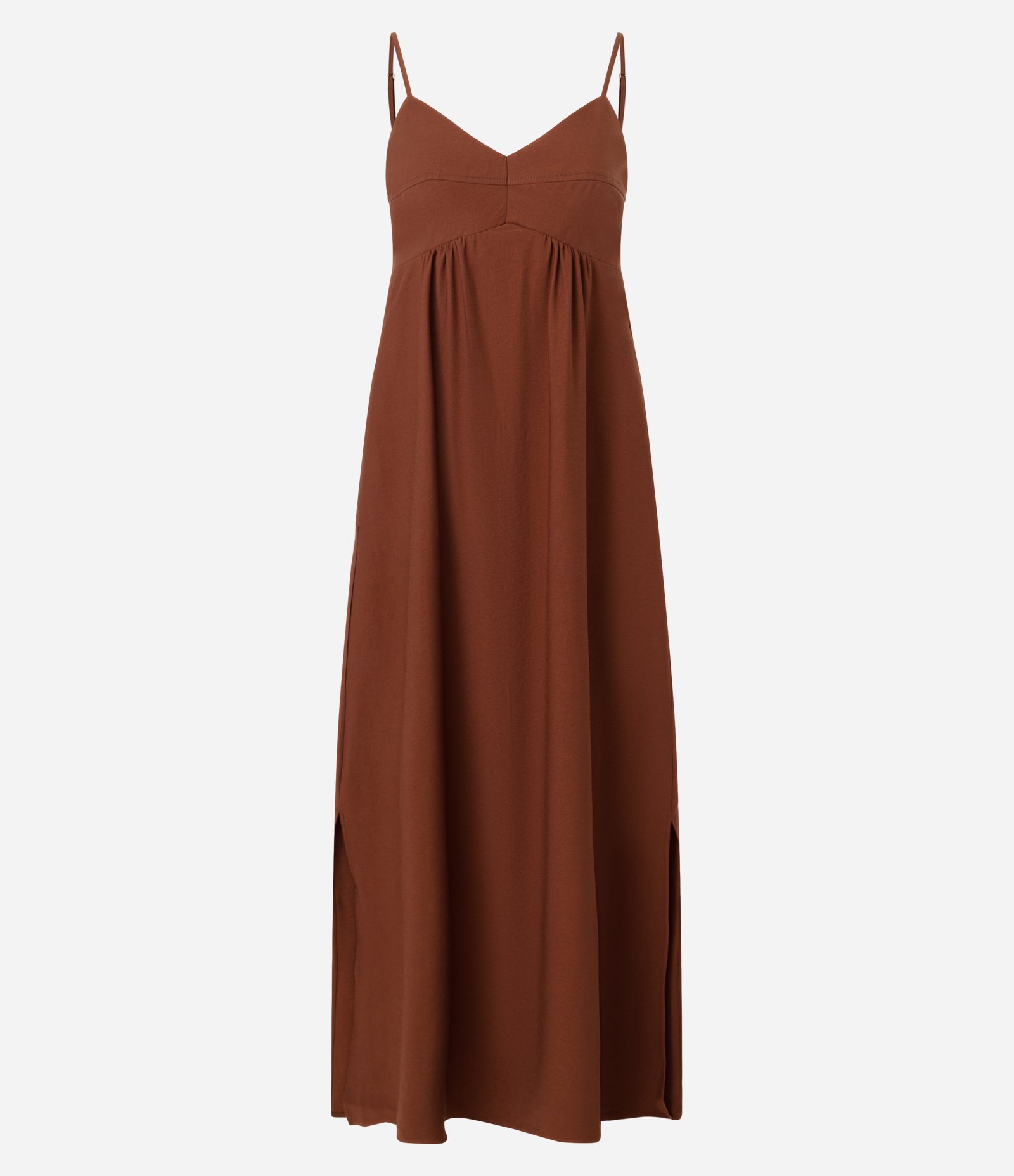 Vestido Midi Evasê em Viscose com Decote Coração Marrom Claro 1
