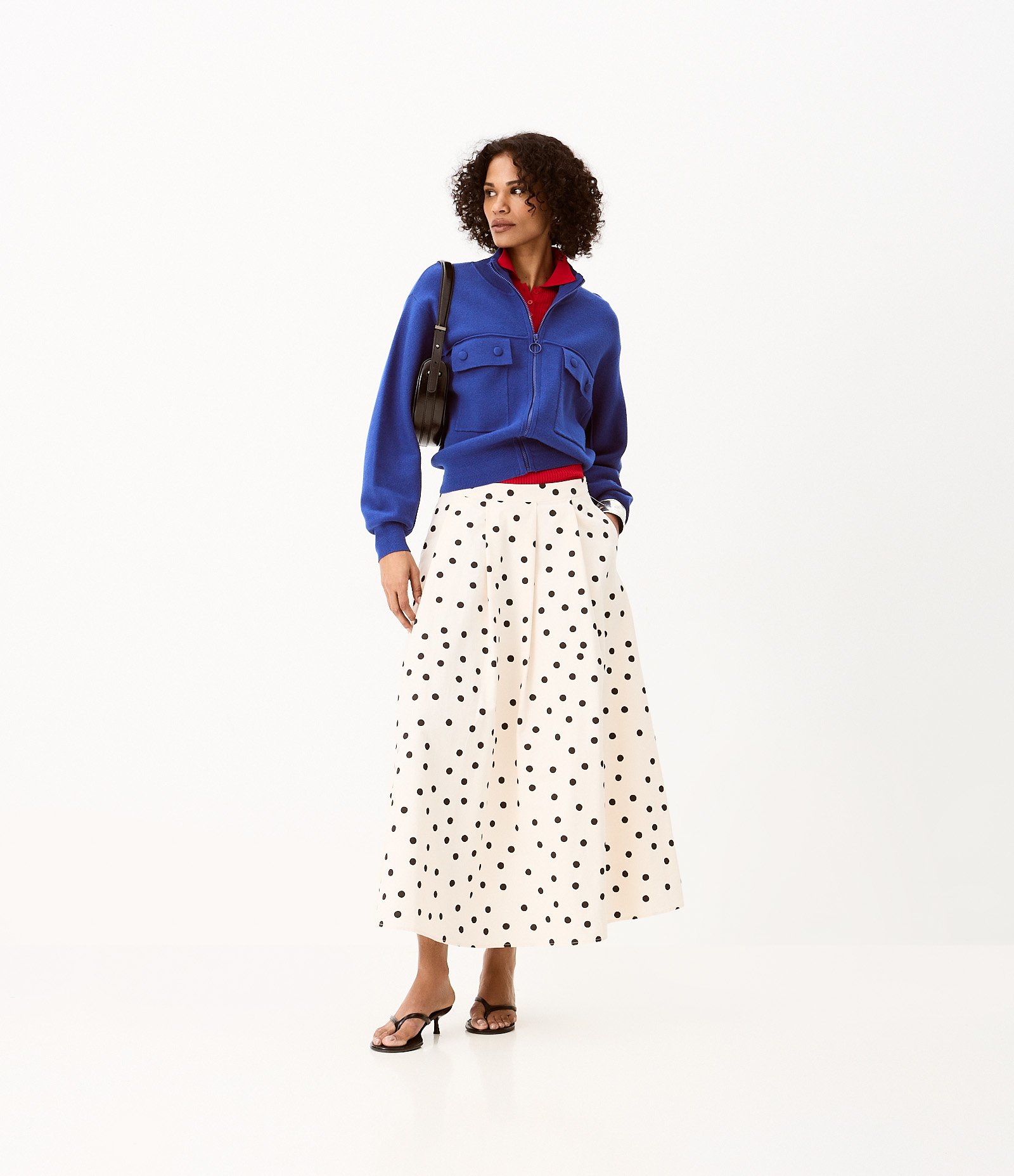 Saia Evasê Midi em Tricoline com Estampa Poá Off White 1