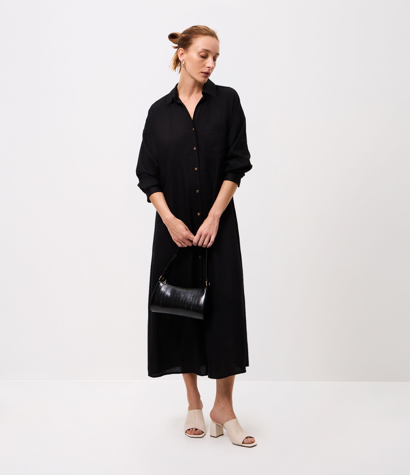 Vestido Chemise em Viscolinho com Mangas Longas Preto 2