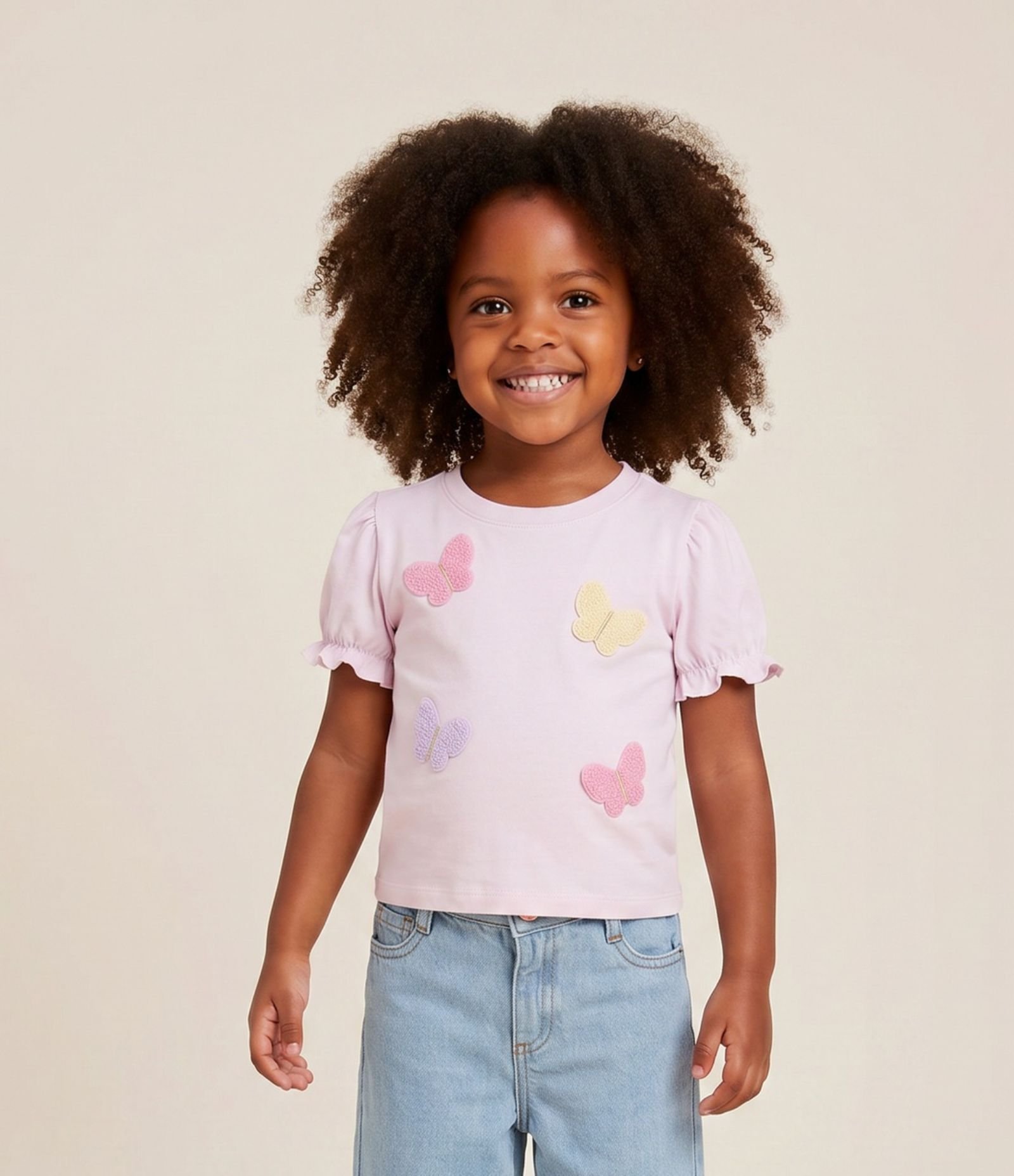 Blusa Relaxed Infantil com Bordado borboleta e Manga Bufante – Tam 1 a 6 Anos Rosa Bebê 1
