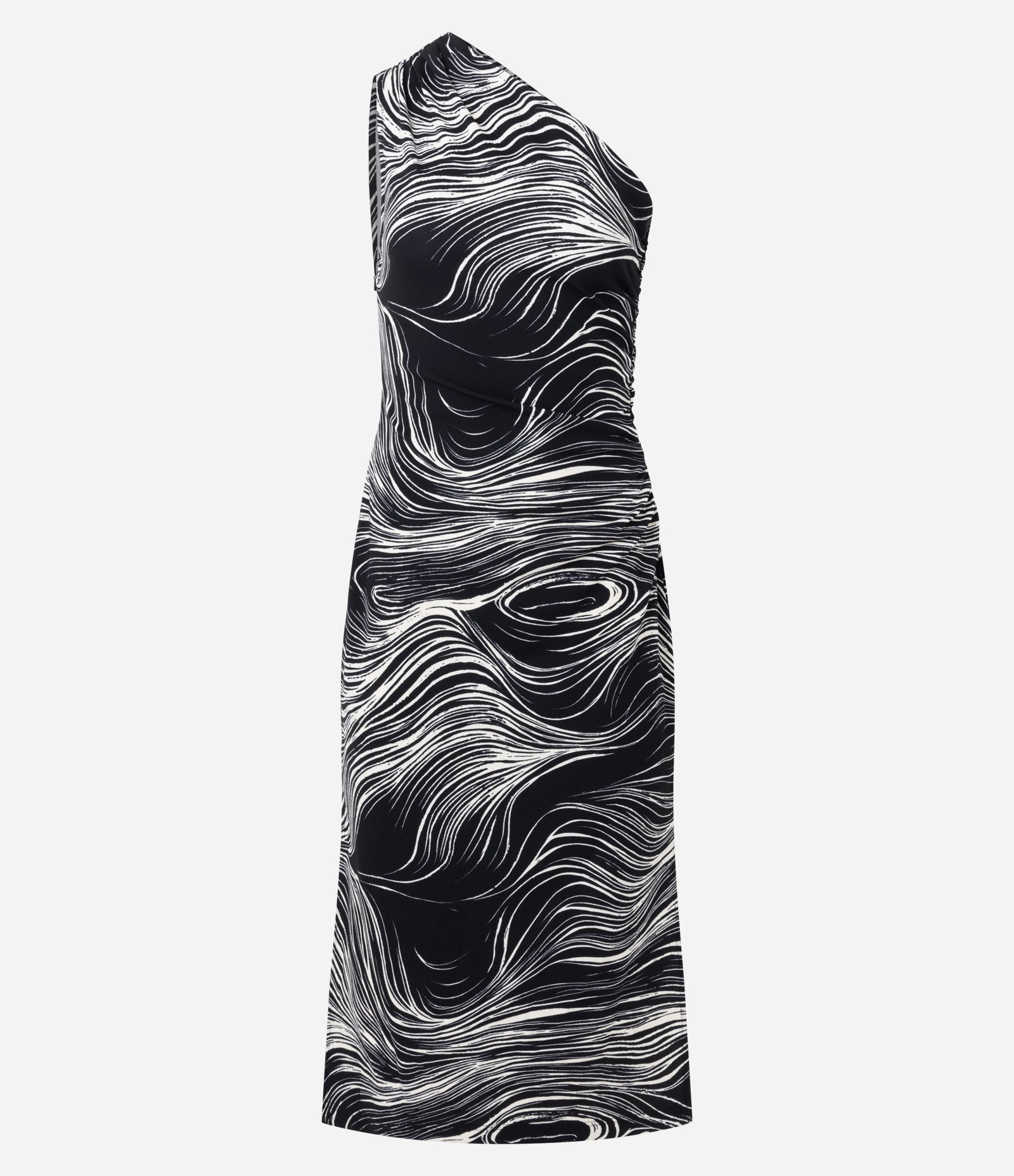 Vestido Midi de Um Ombro Só com Estampa Abstrata Preto 1