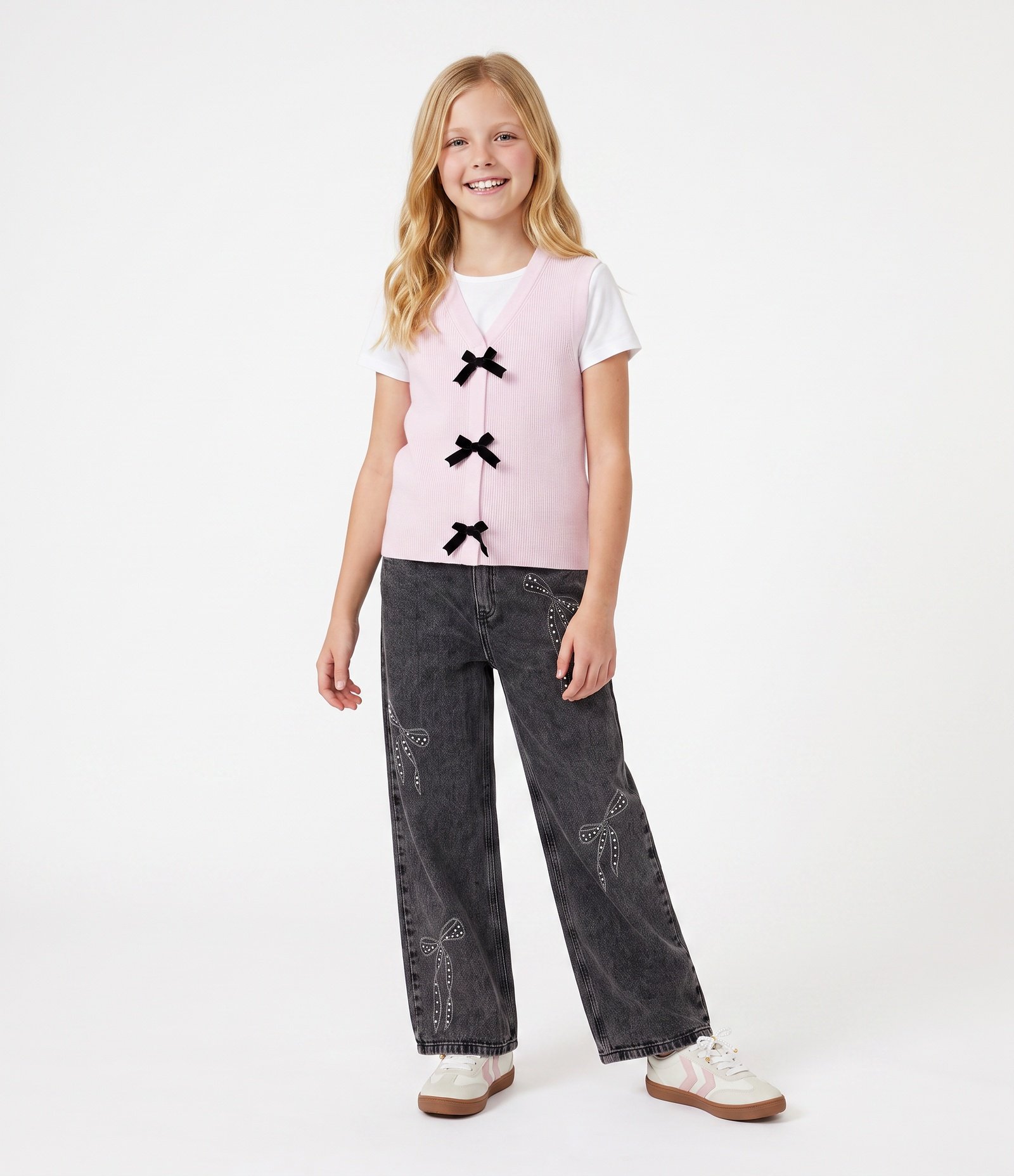 Calça Wide Jeans Infantil com Aplicação de Laços - Tam 5 A 16 Anos Preto 1