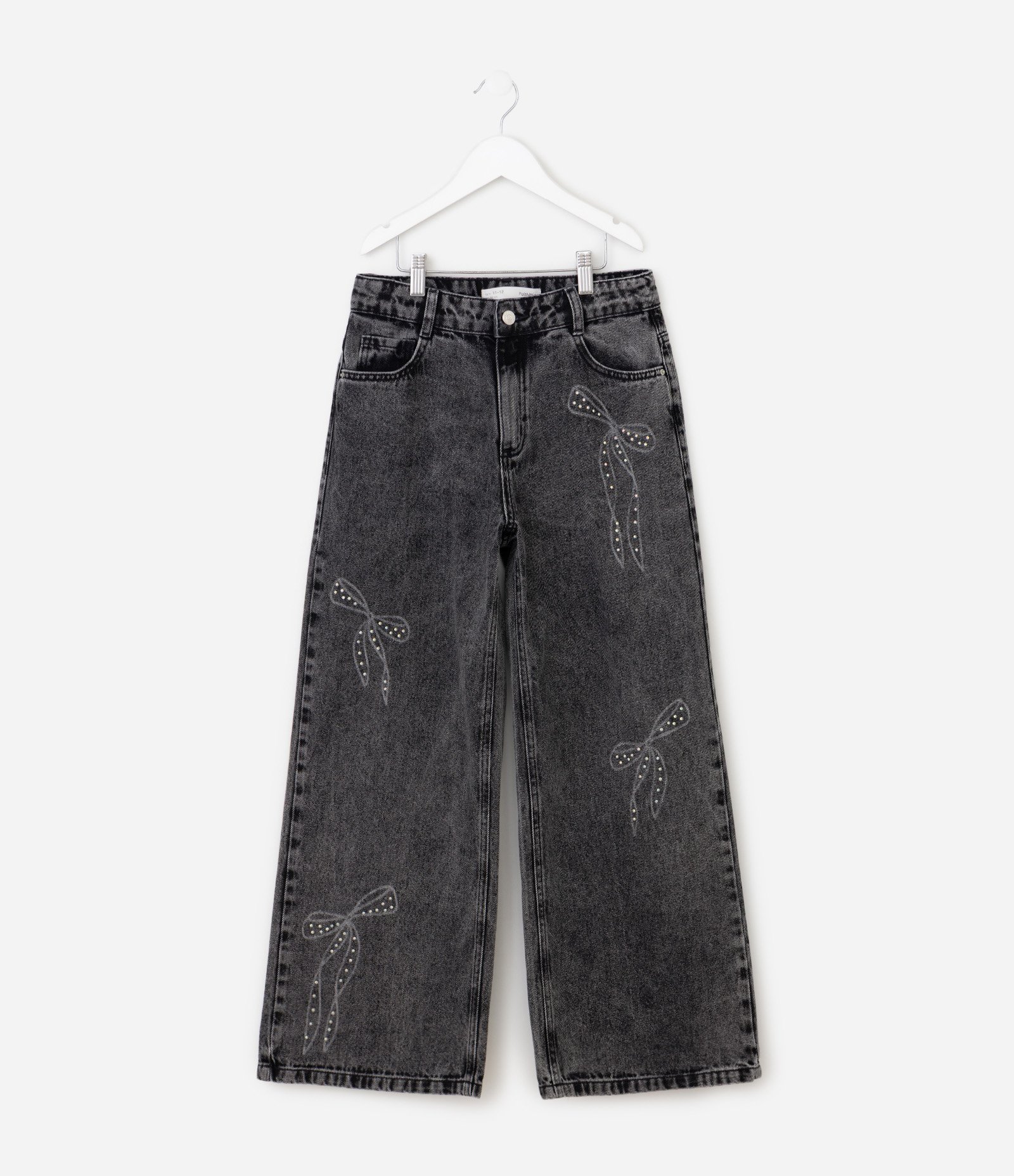 Calça Wide Jeans Infantil com Aplicação de Laços - Tam 5 A 16 Anos Preto 2