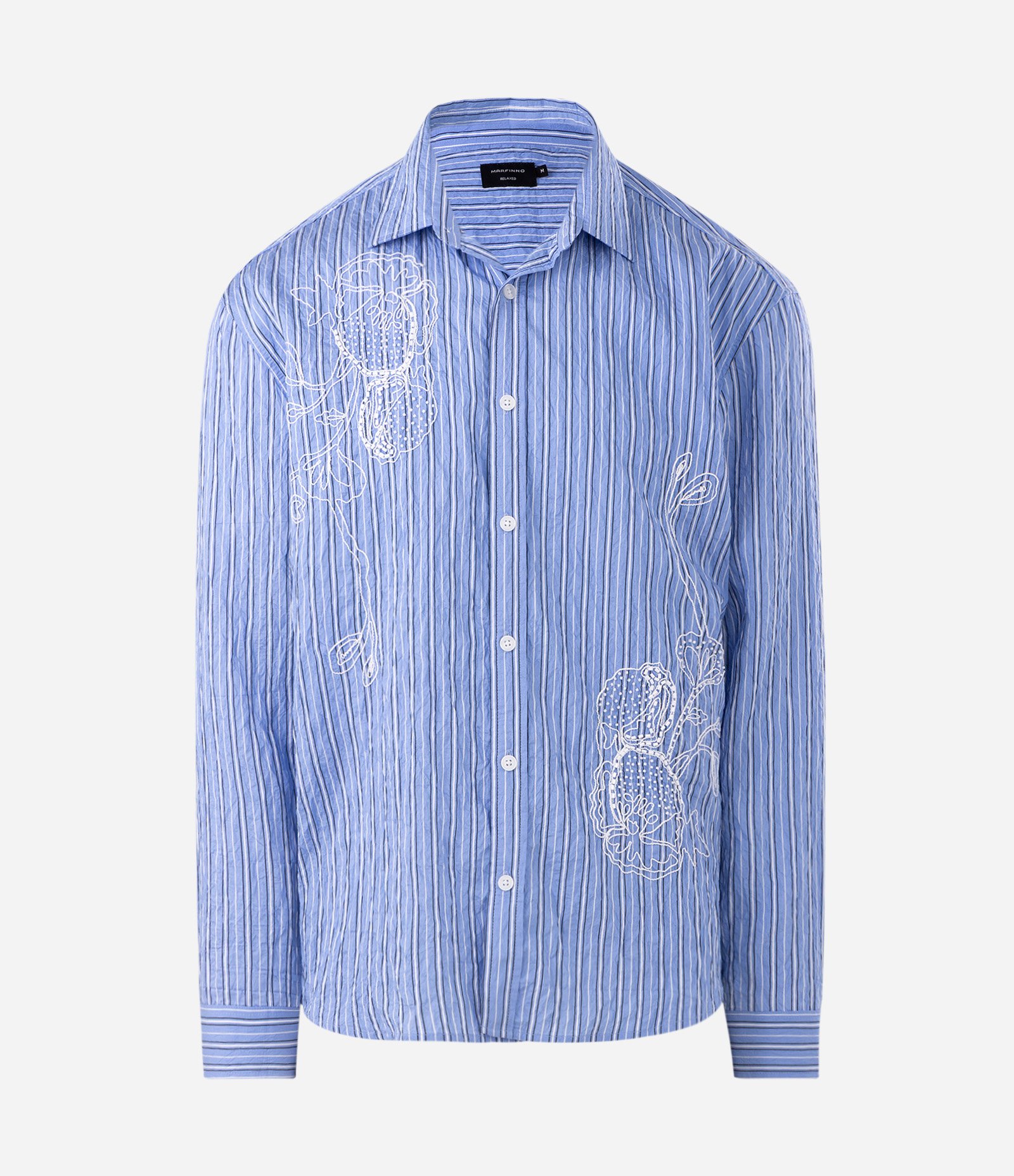 Camisa Comfort em Viscose Listrada com Bordado Floral Azul 1