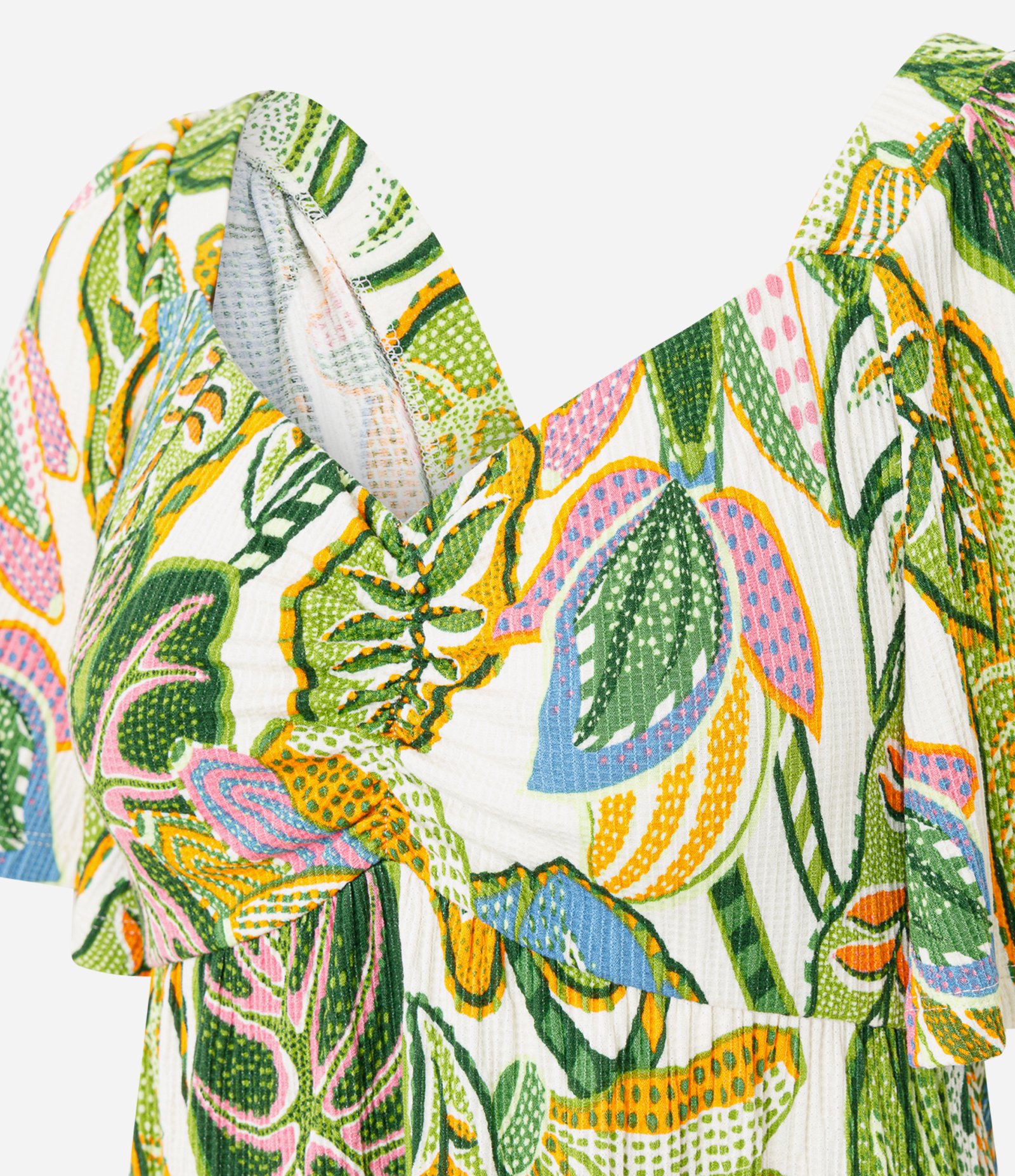 Vestido Curto em Viscose Texturizada com Estampa Tropical Verde 6