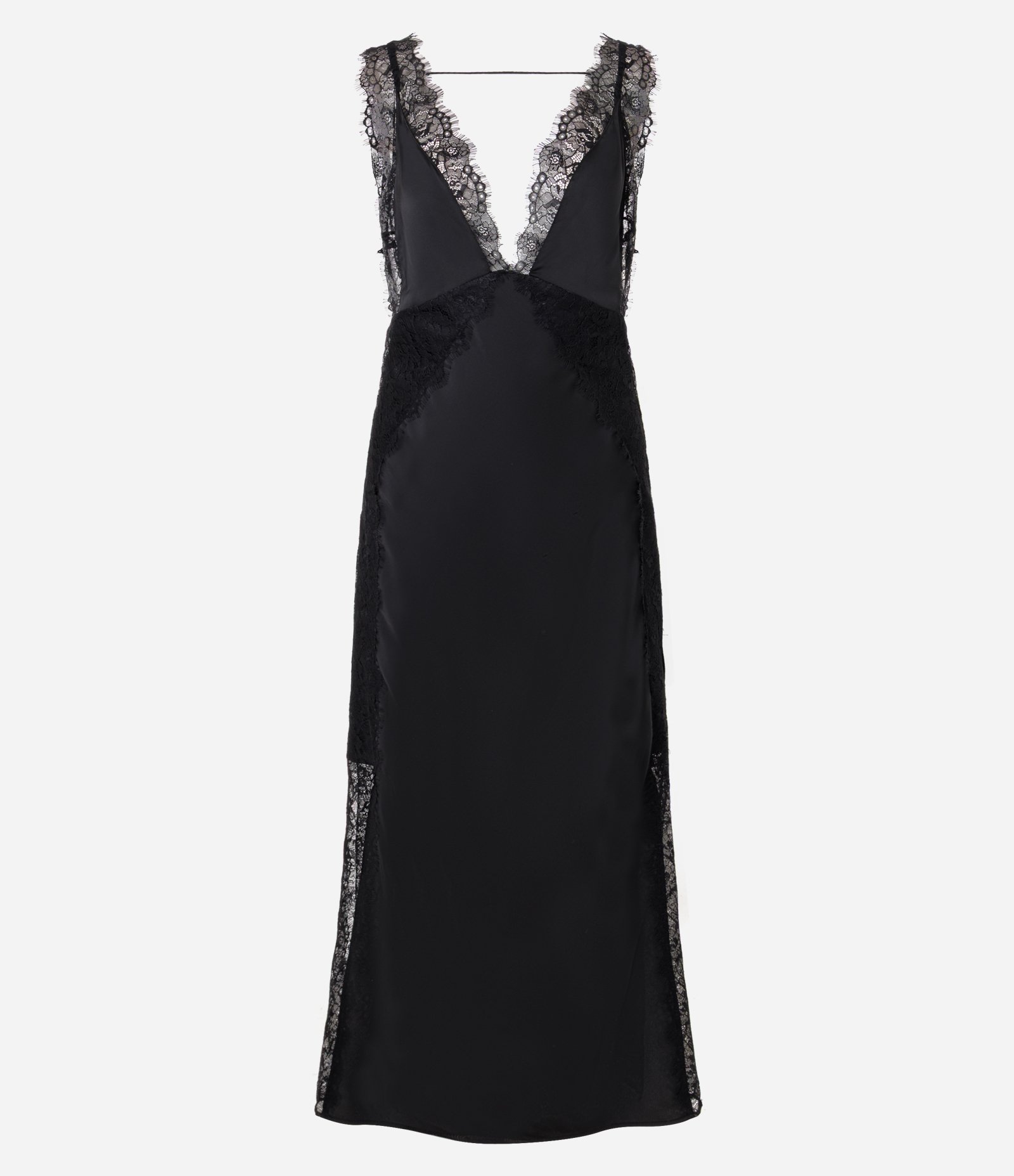 Vestido Midi em Cetim com Decote V e Detalhe em Renda Preto 5