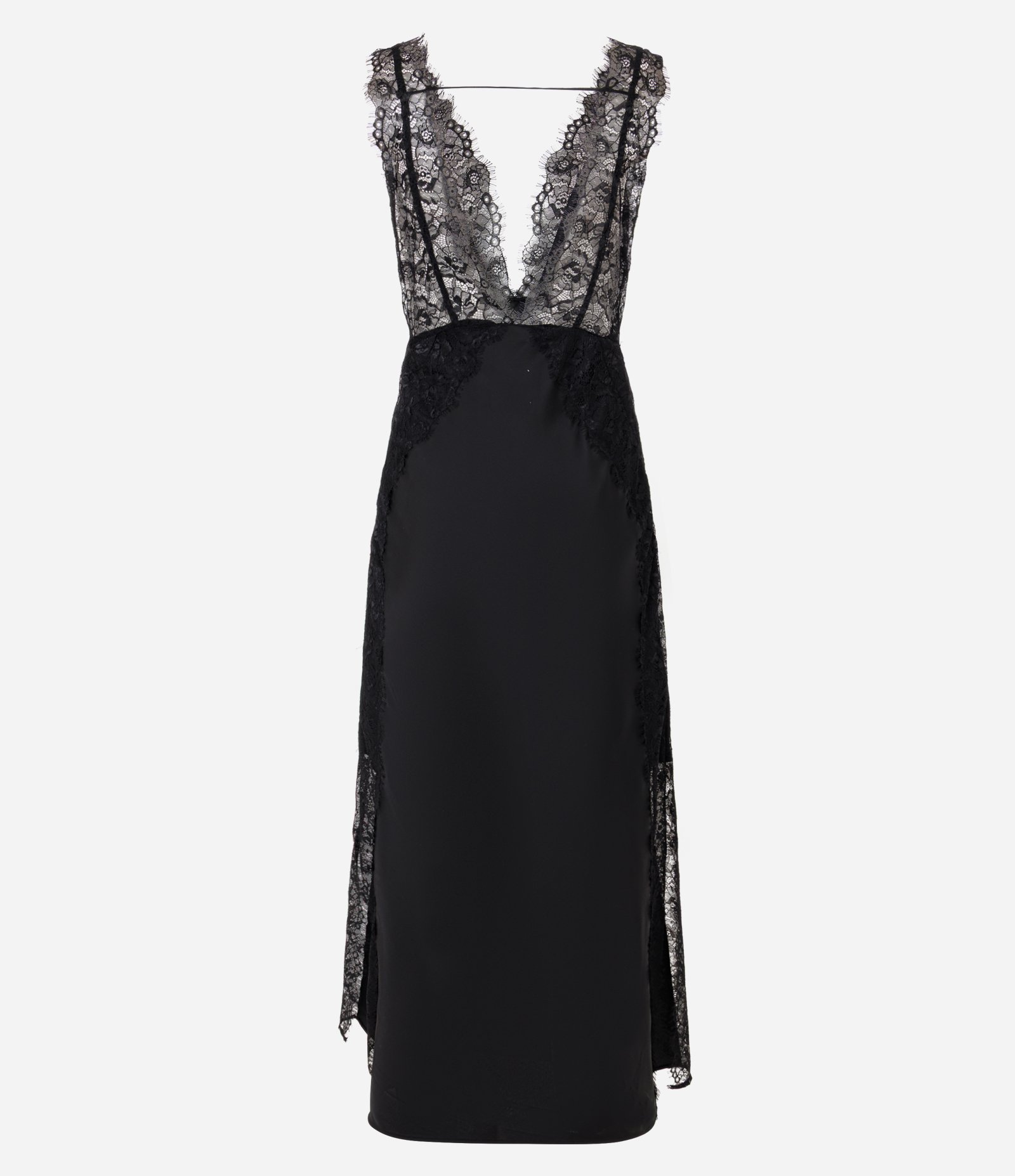 Vestido Midi em Cetim com Decote V e Detalhe em Renda Preto 7