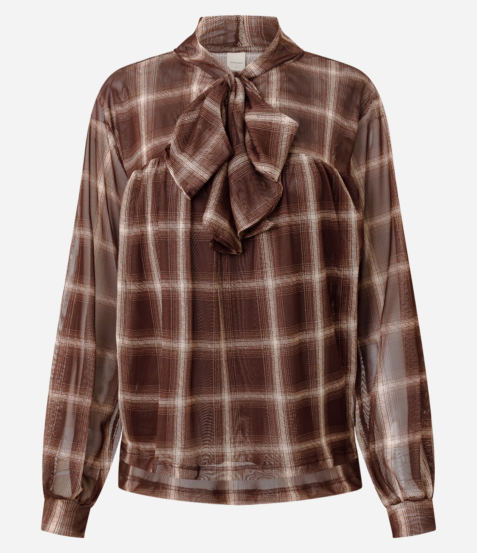 Blusa Bata em Tule com Estampa Xadrez e Gola Laço Marrom 1