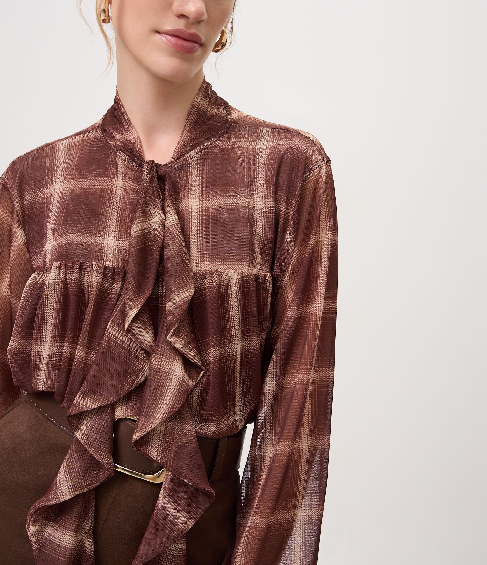Blusa Bata em Tule com Estampa Xadrez e Gola Laço Marrom 3
