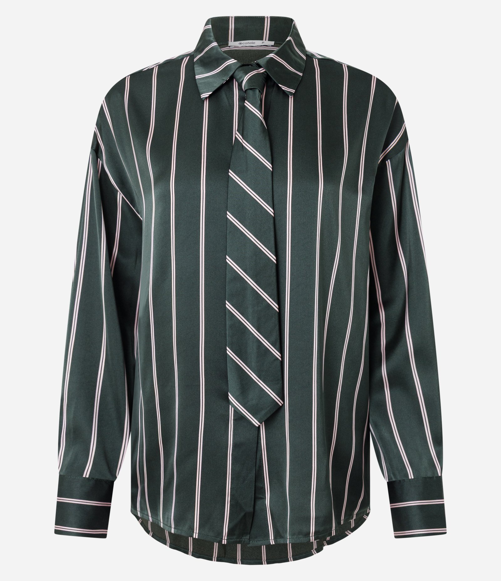 Camisa Acetinada Listrada com Gravata Removível Verde 5