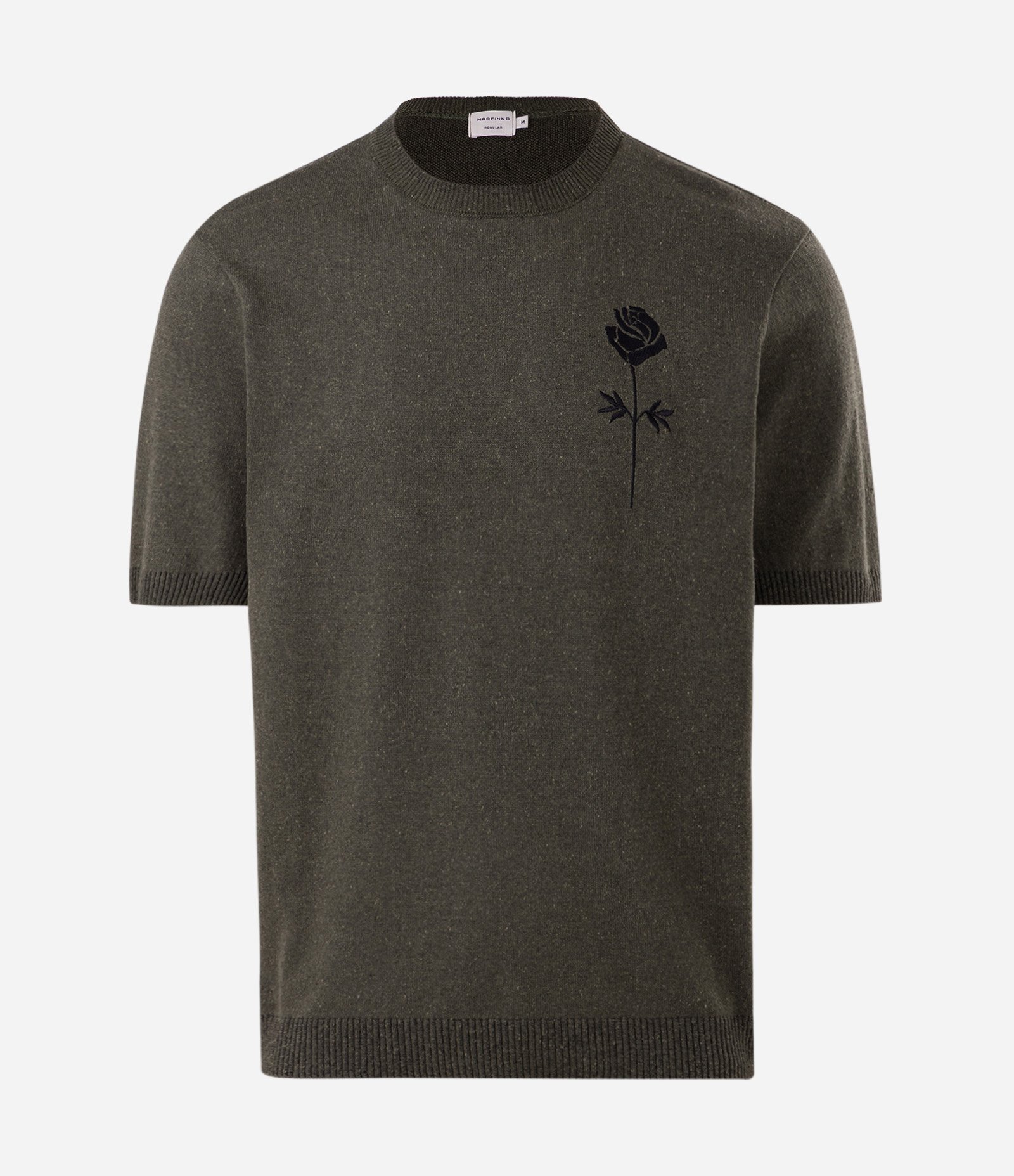 Camiseta Regular em Jacquard com Rosa Bordada Verde 1