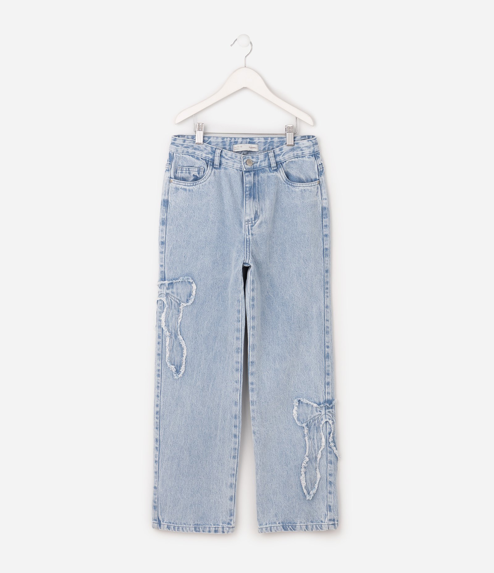 Calça Jeans Reta Infantil com Desfiados de Laços Laterais - Tam 5 a 14 Anos Azul 1