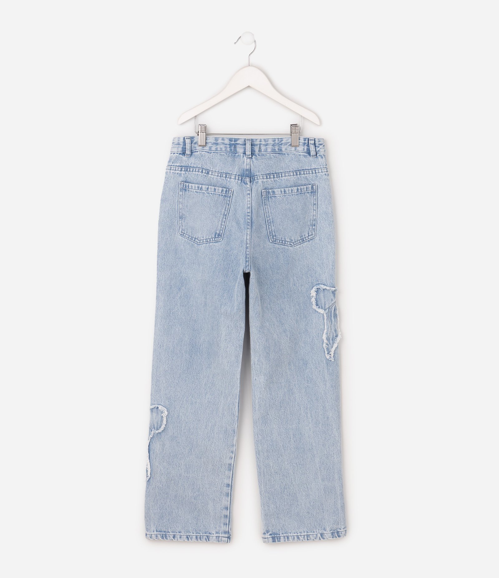 Calça Jeans Reta Infantil com Desfiados de Laços Laterais - Tam 5 a 14 Anos Azul 2