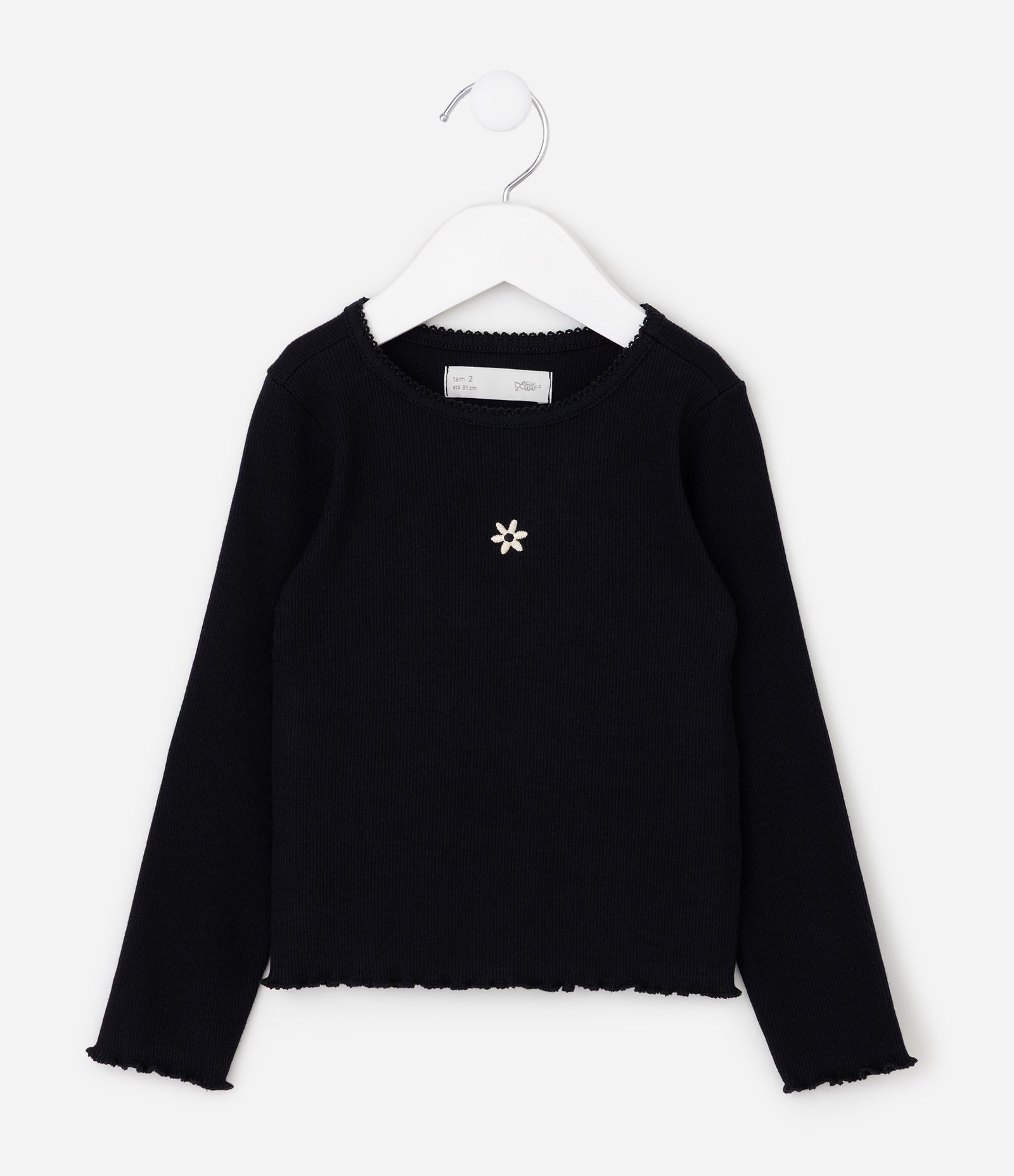 Camiseta Slim Infantil em Algodão Canelado com Bordado Flor – Tam 1 a 6 Anos Preto 1