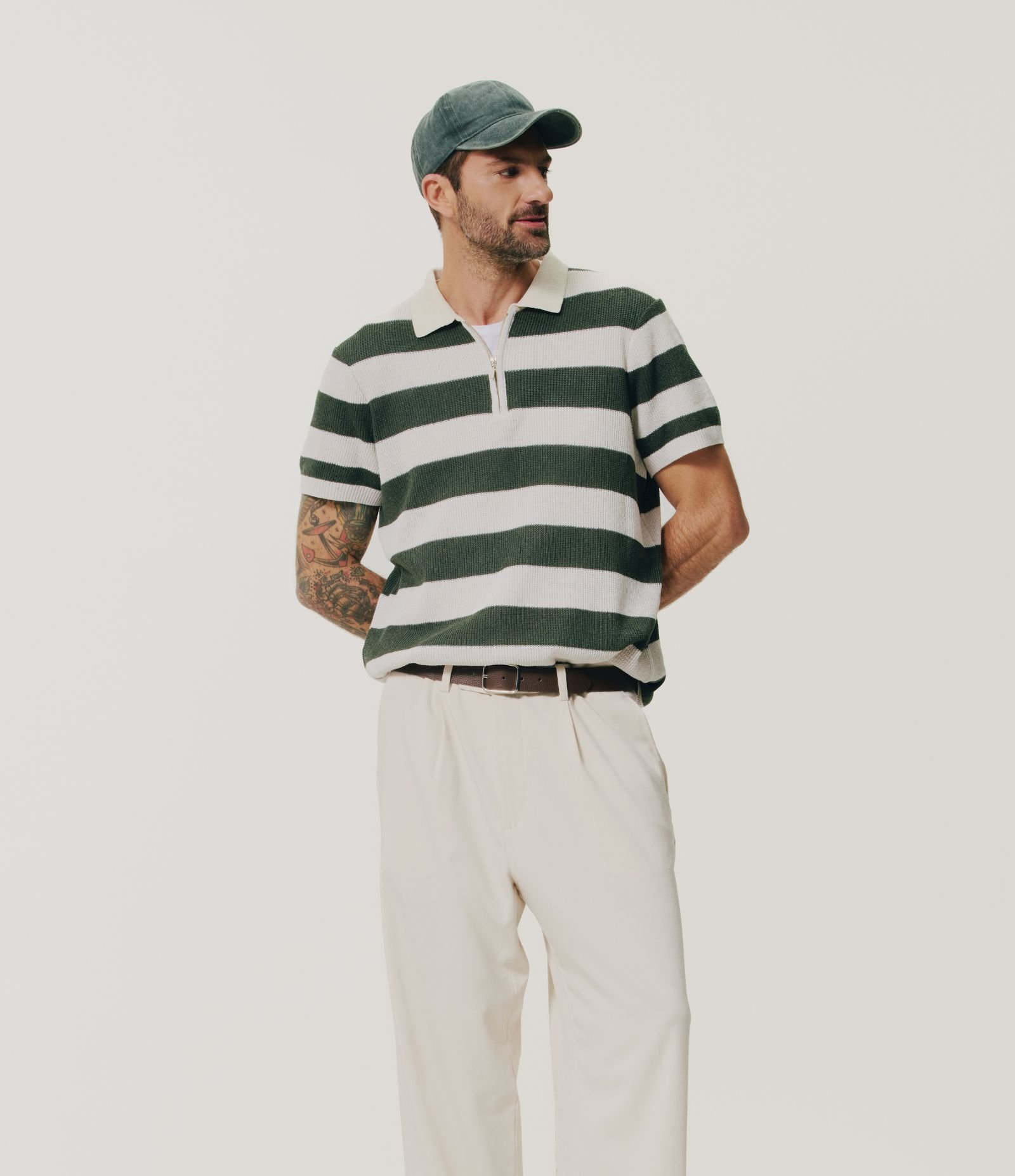 Polo Regular Listrada Texturizada com Zíper Verde 2