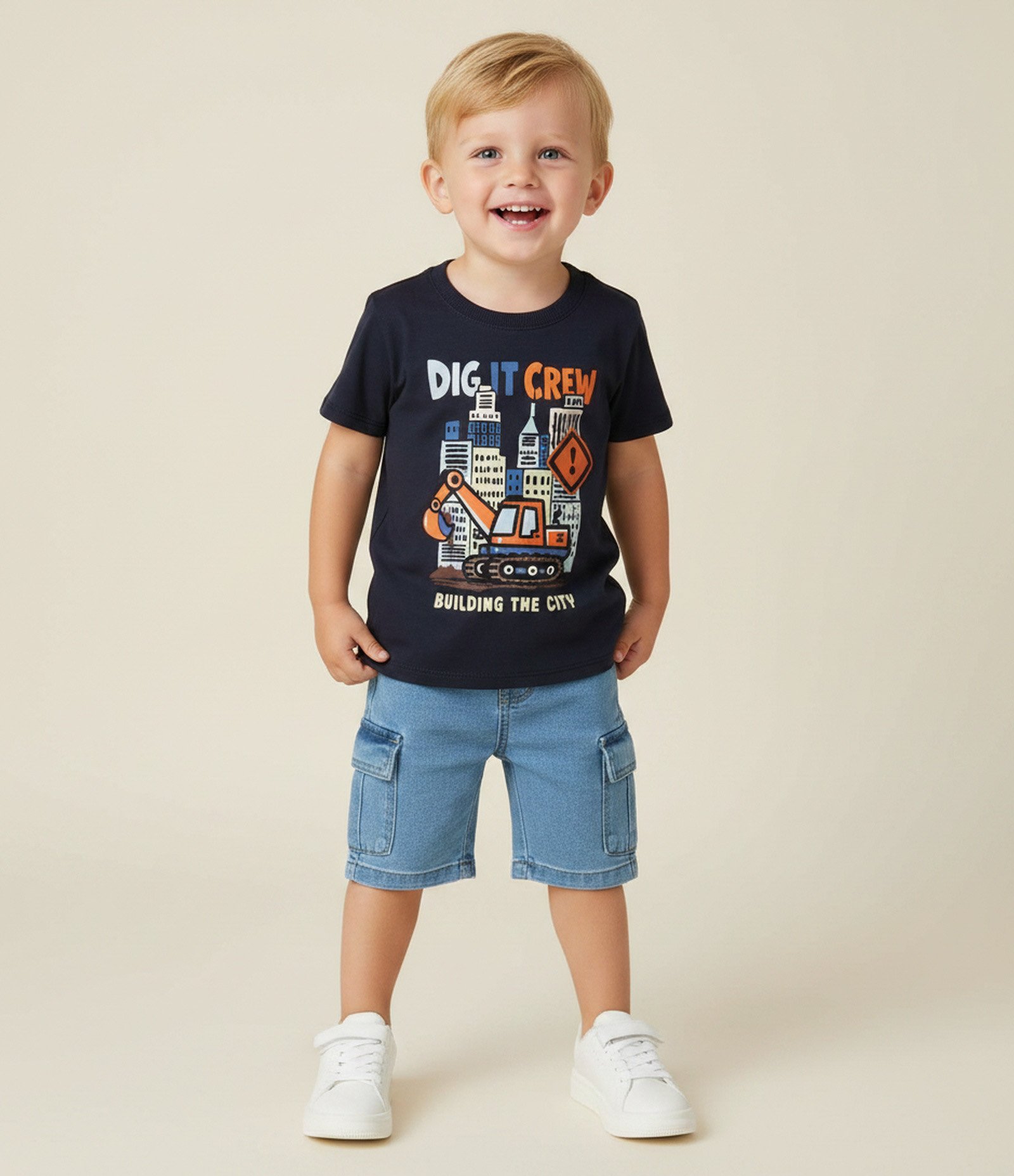 Camiseta Infantil com Estampa Trator Dig It Crew – Tam 1 a 6 Anos Azul Escuro 1