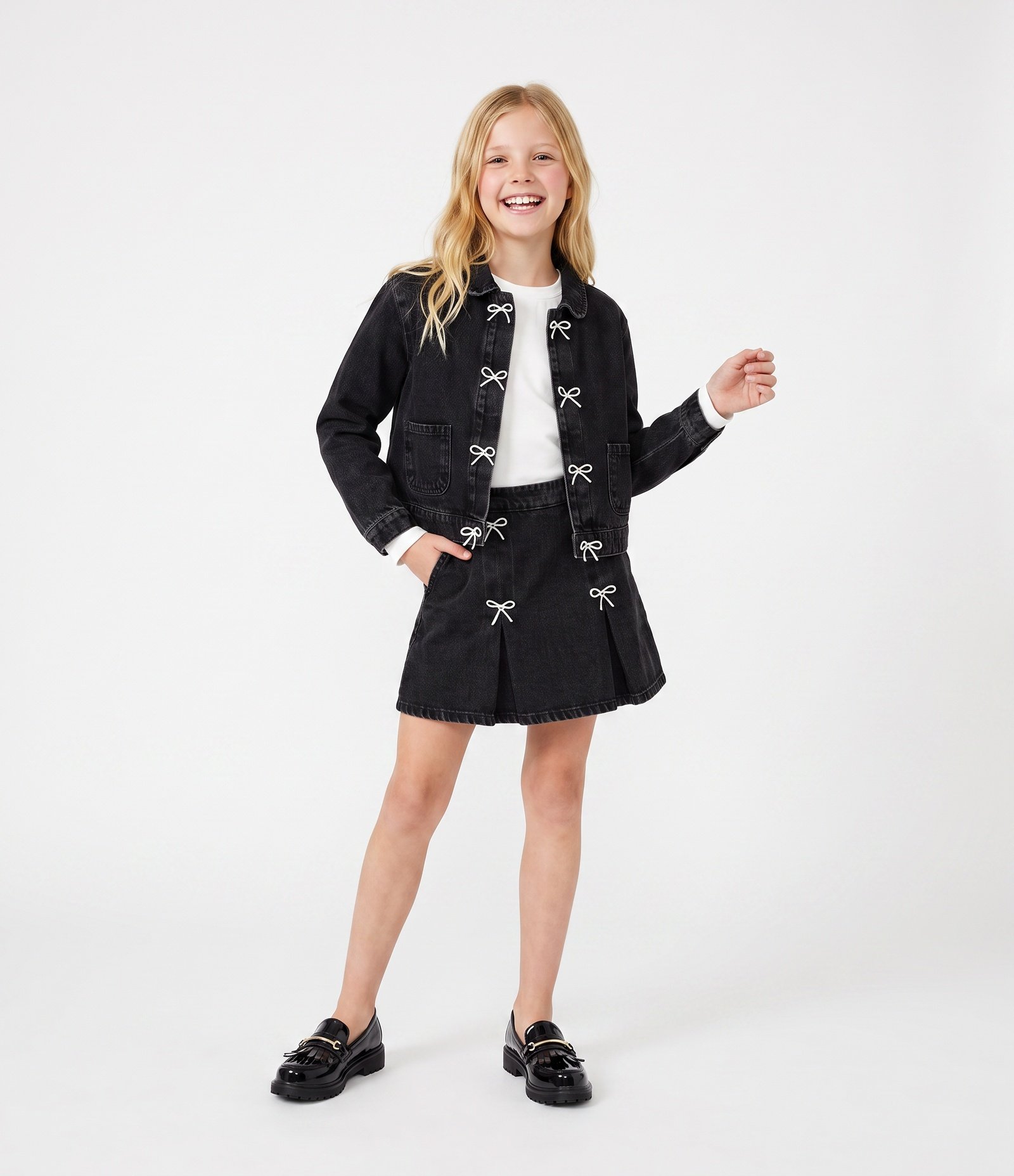 Saia Jeans Infantil Em Algodao Laços de Strass - Tam 5 a 16 Anos Preto 1