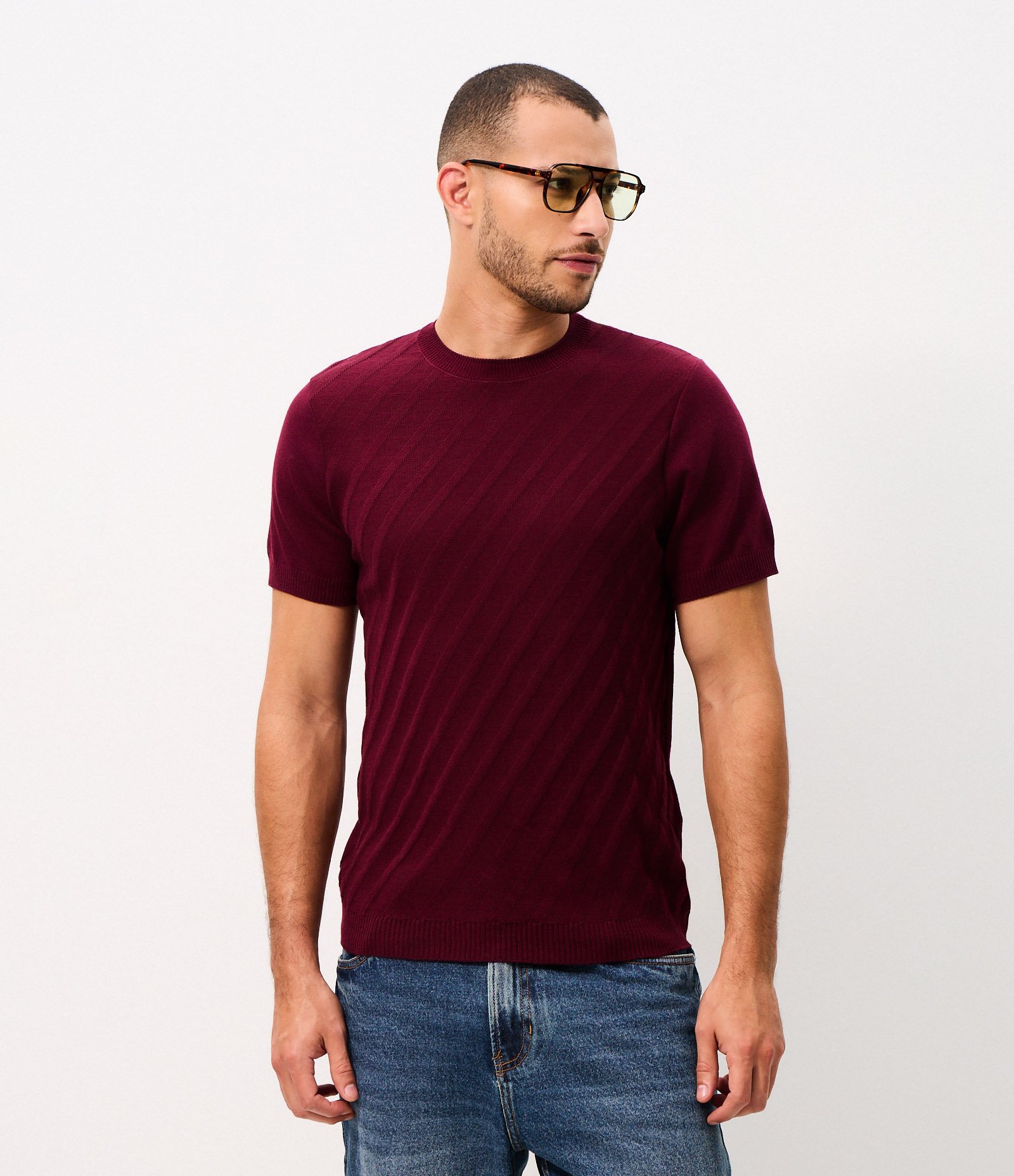 Camiseta em Tricô com Listras Diagonais Bordô 1