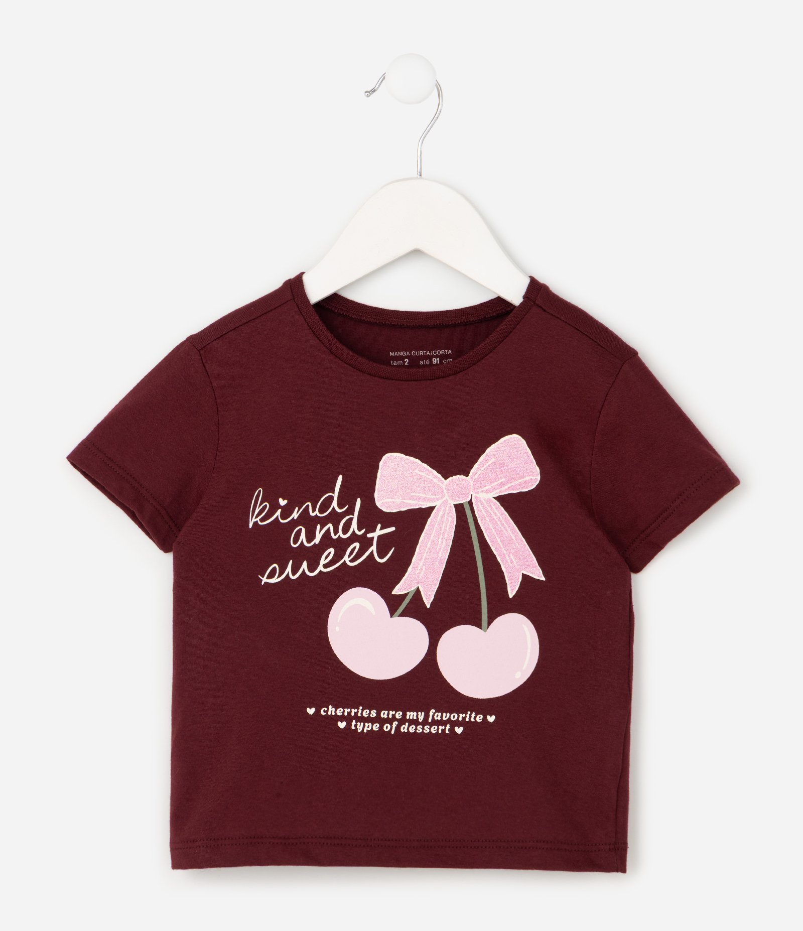 Camiseta Slim Infantil com Estampa de Cereja e Laço – Tam 1 a 6 Anos Bordô 2