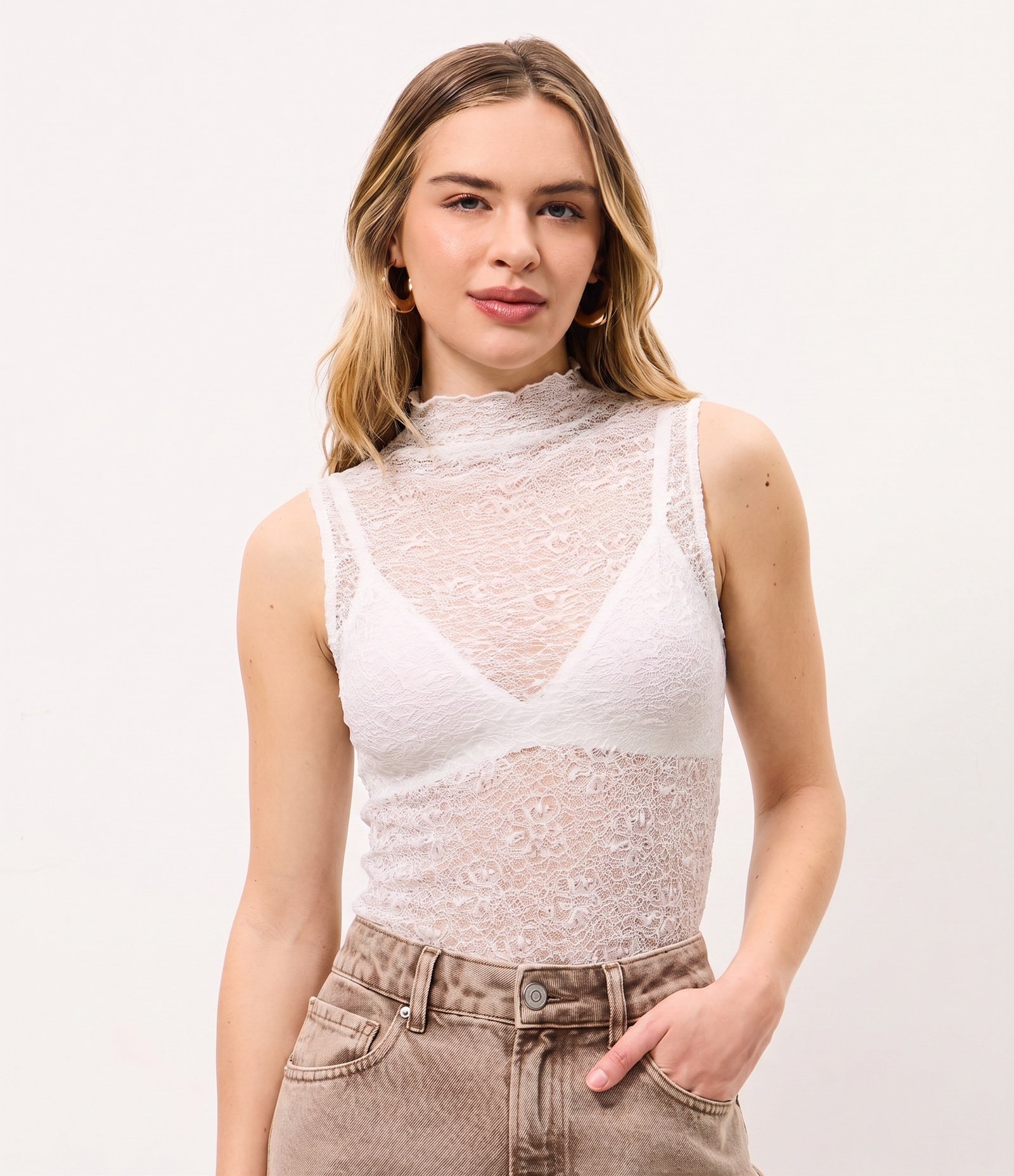 Blusa Texturizada em Renda com Gola Alta Branco 1
