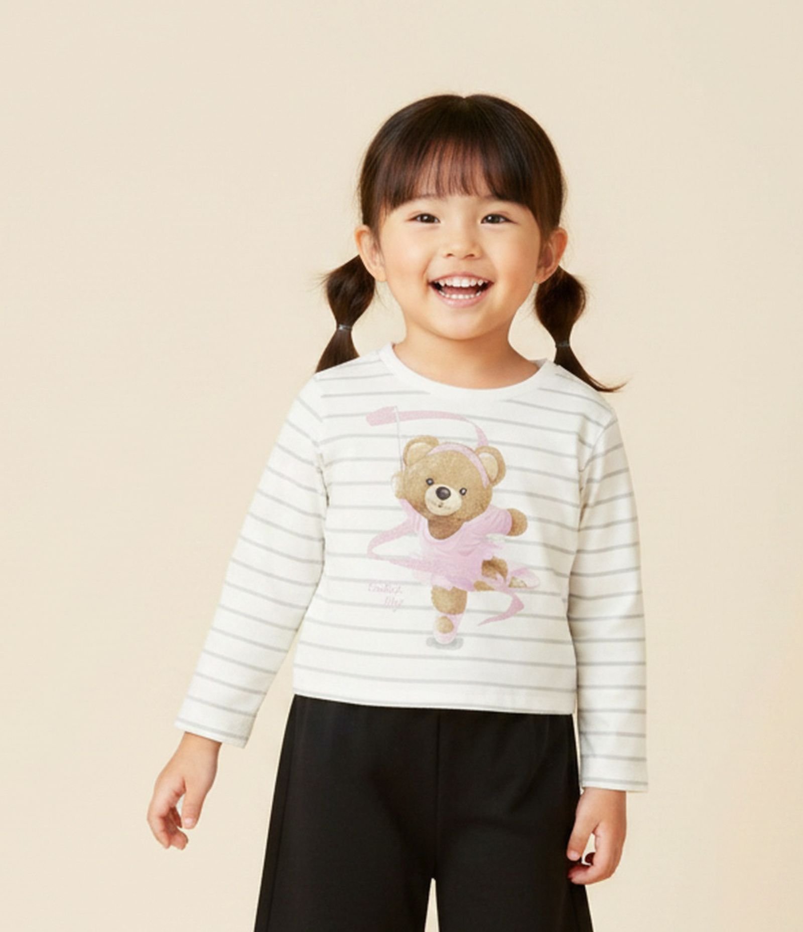 Camiseta Slim Infantil Listrada com Estampa Ursa Bailarina – Tam 1 a 6 Anos Branco 1