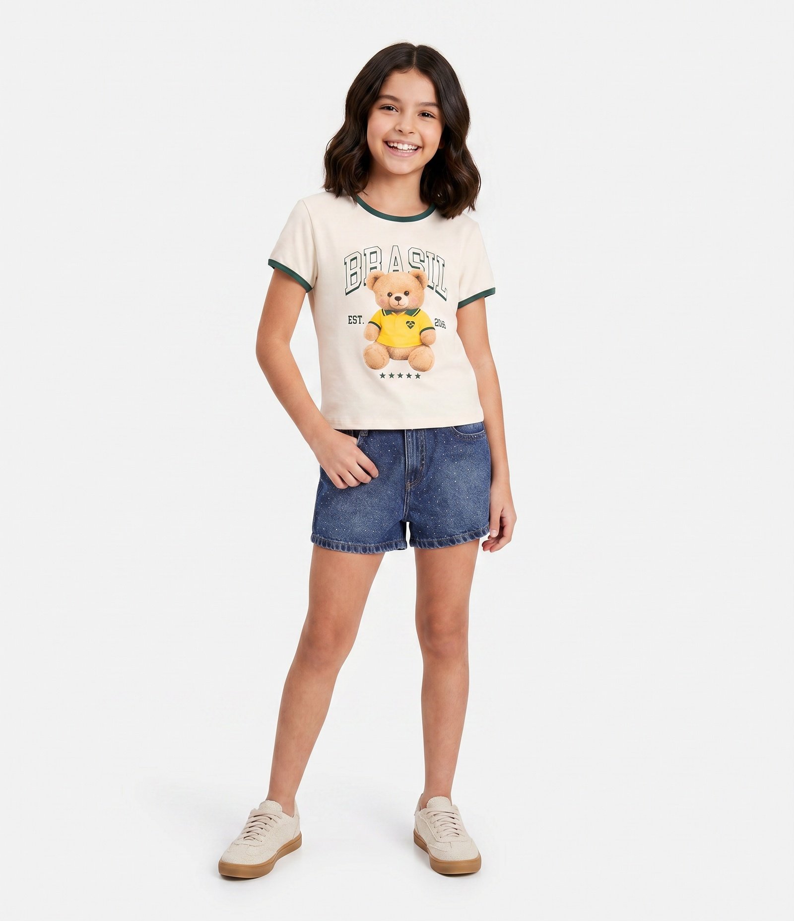 Short Jeans Infantil com Aplicação de Brilhos - Tam 5 a 16 Anos Azul Médio 1