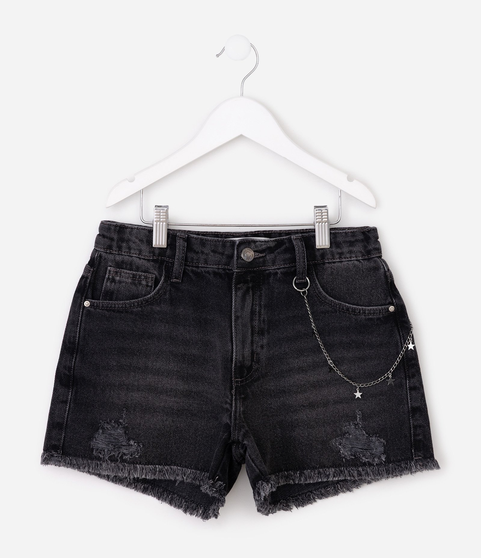 Mini Short Infantil em Jeans com Correntinha Estelas e Barra Desfiada – Tam 5 a 16 Anos Preto 2