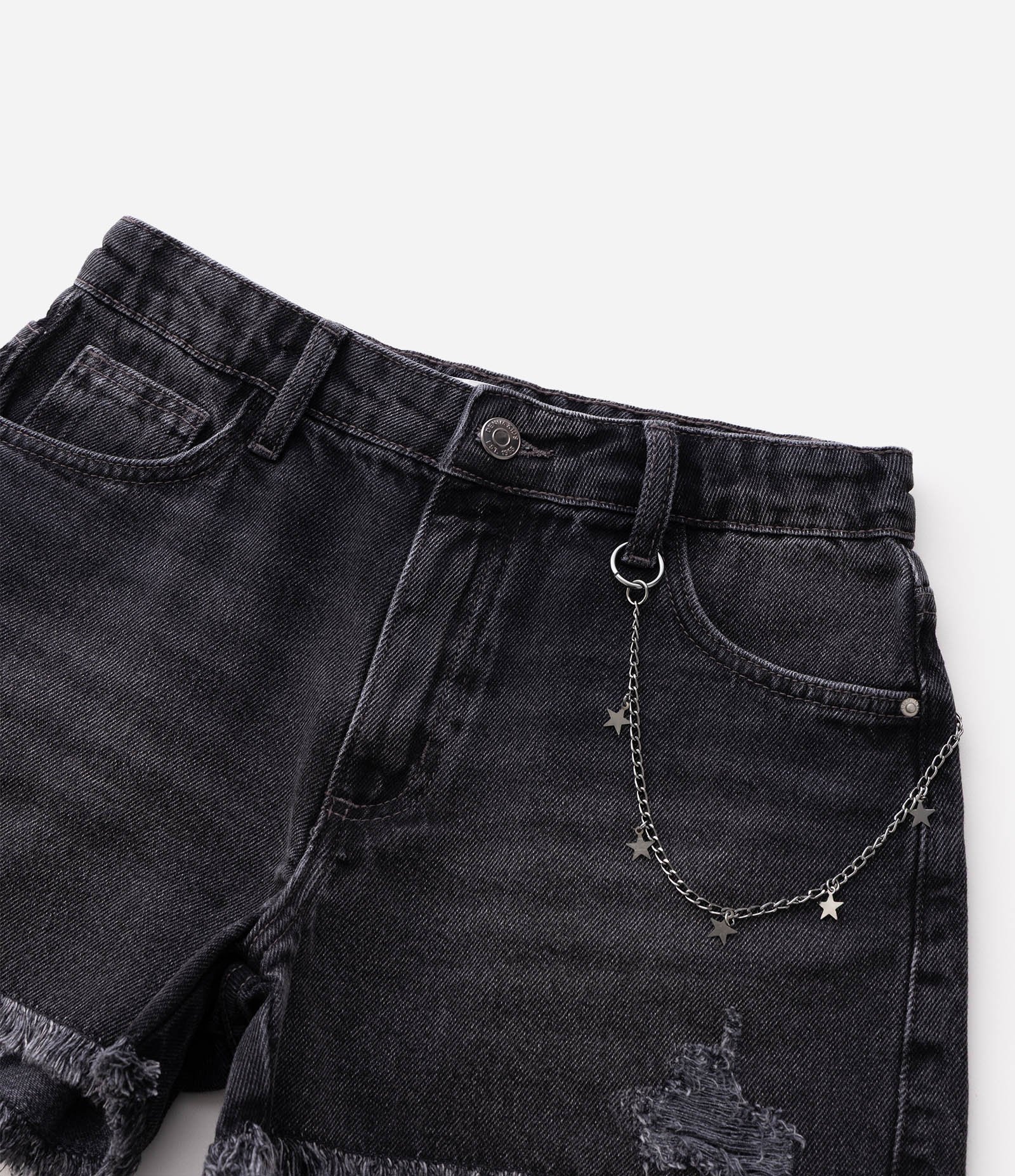 Mini Short Infantil em Jeans com Correntinha Estelas e Barra Desfiada – Tam 5 a 16 Anos Preto 5