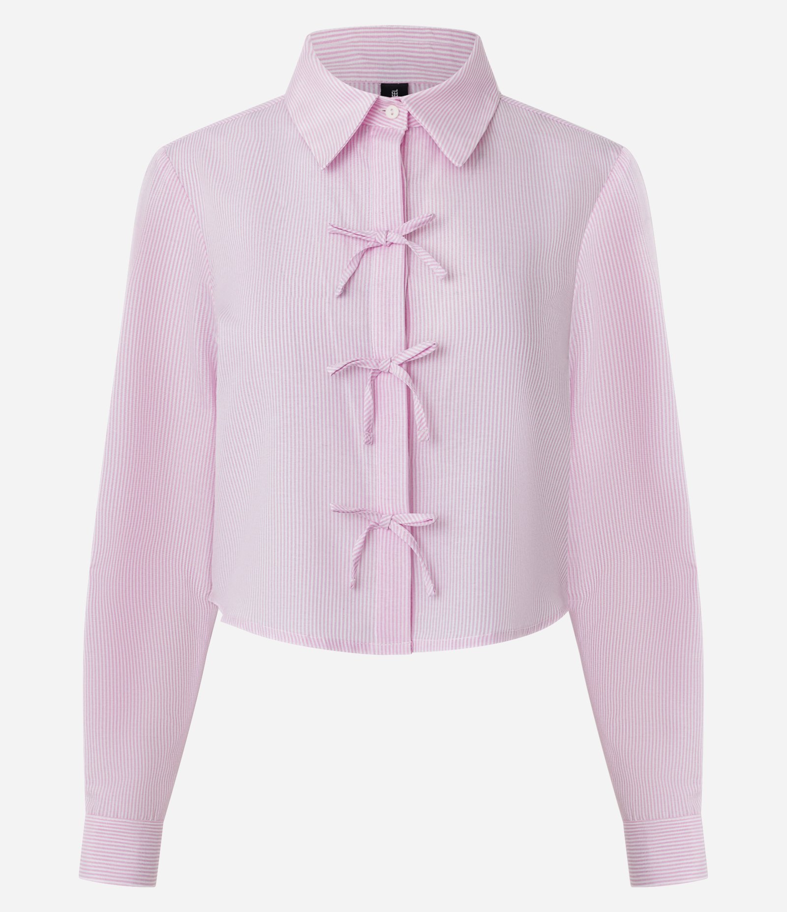 Camisa Cropped em Tricoline Listrado com Amarração em Laços Rosa 5