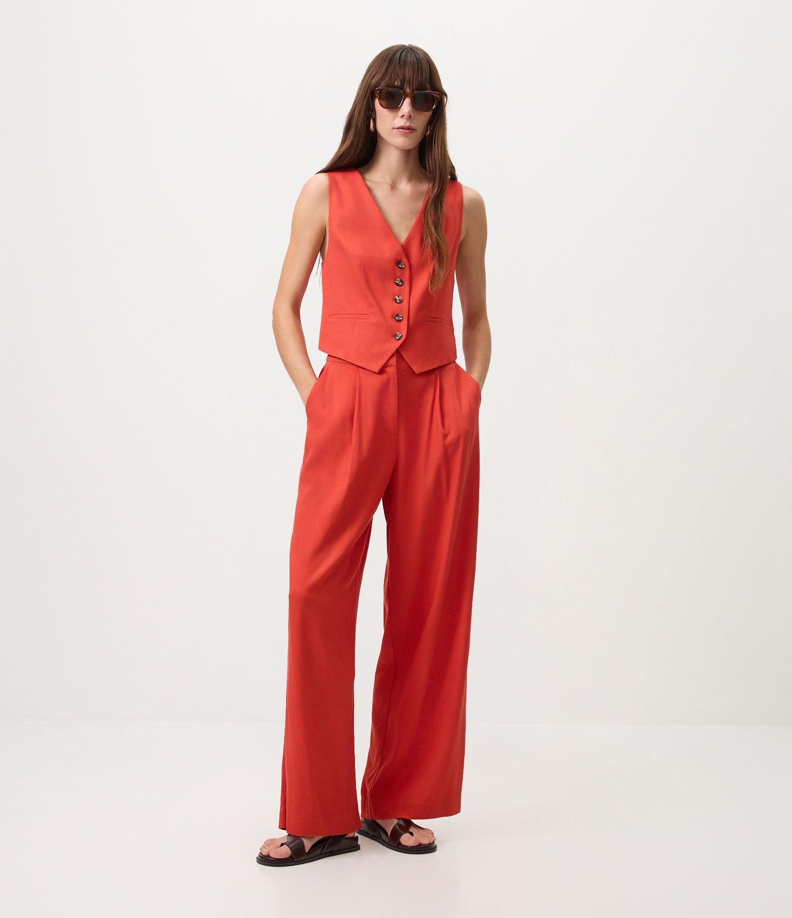 Calça Wide Leg em Viscolinho com Cós Elástico Vermelho 1