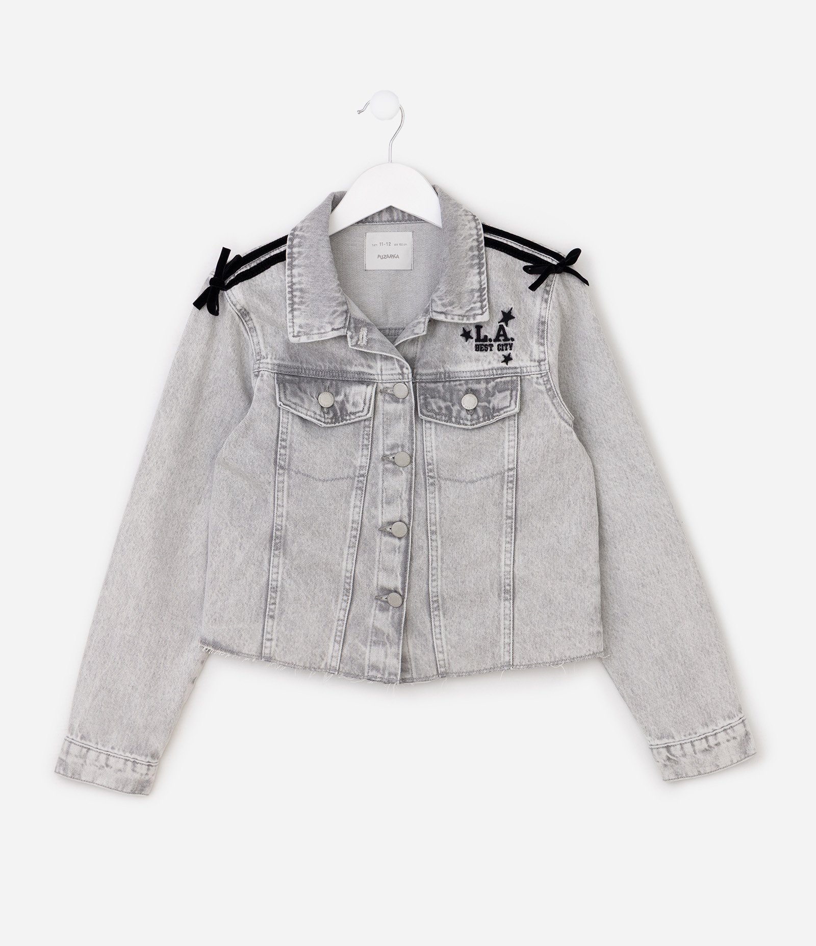 Jaqueta Jeans Infantil Comfort com Laços nos Ombros - Tam 5 a 16 Anos Cinza 4