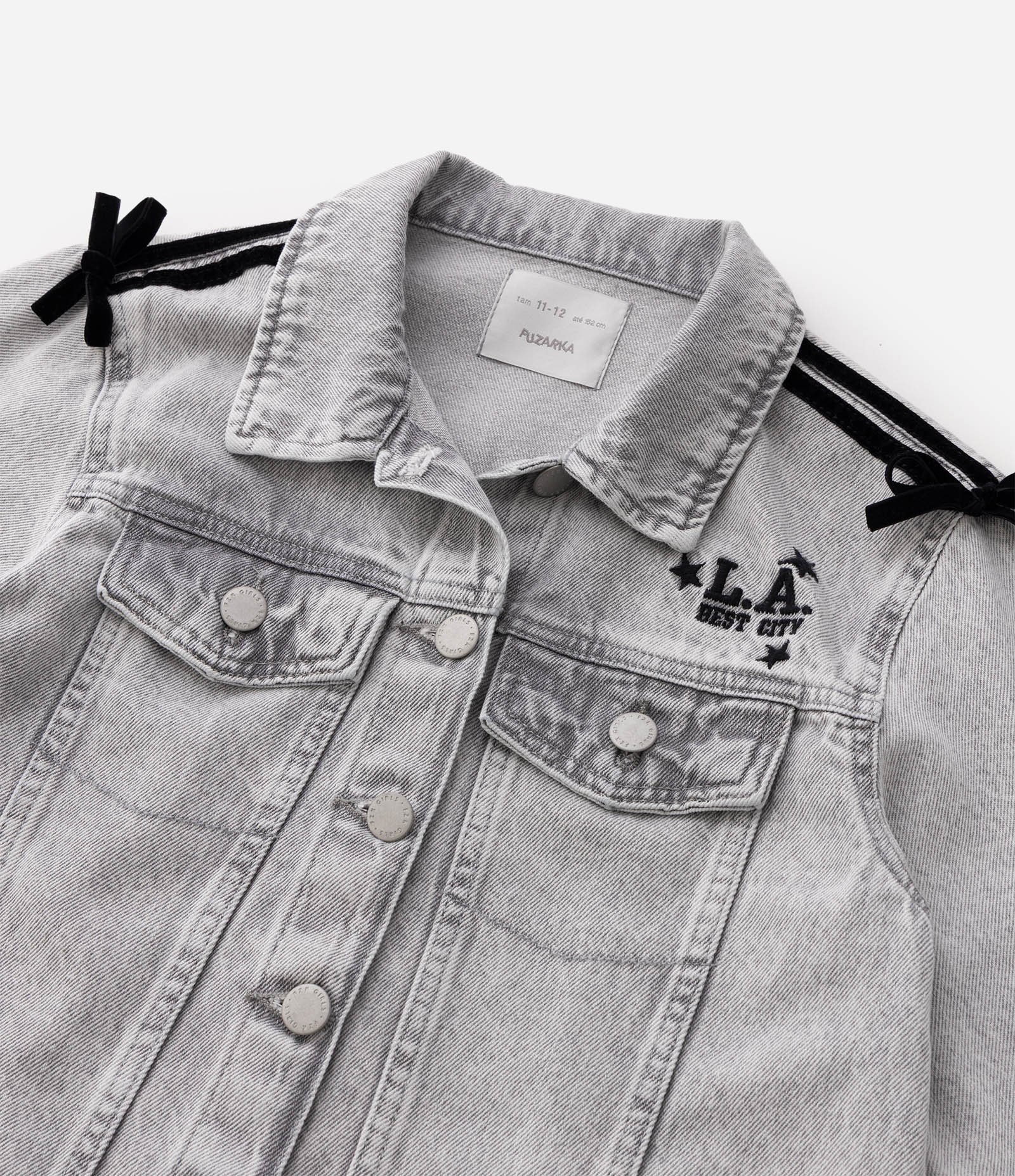 Jaqueta Jeans Infantil Comfort com Laços nos Ombros - Tam 5 a 16 Anos Cinza 6