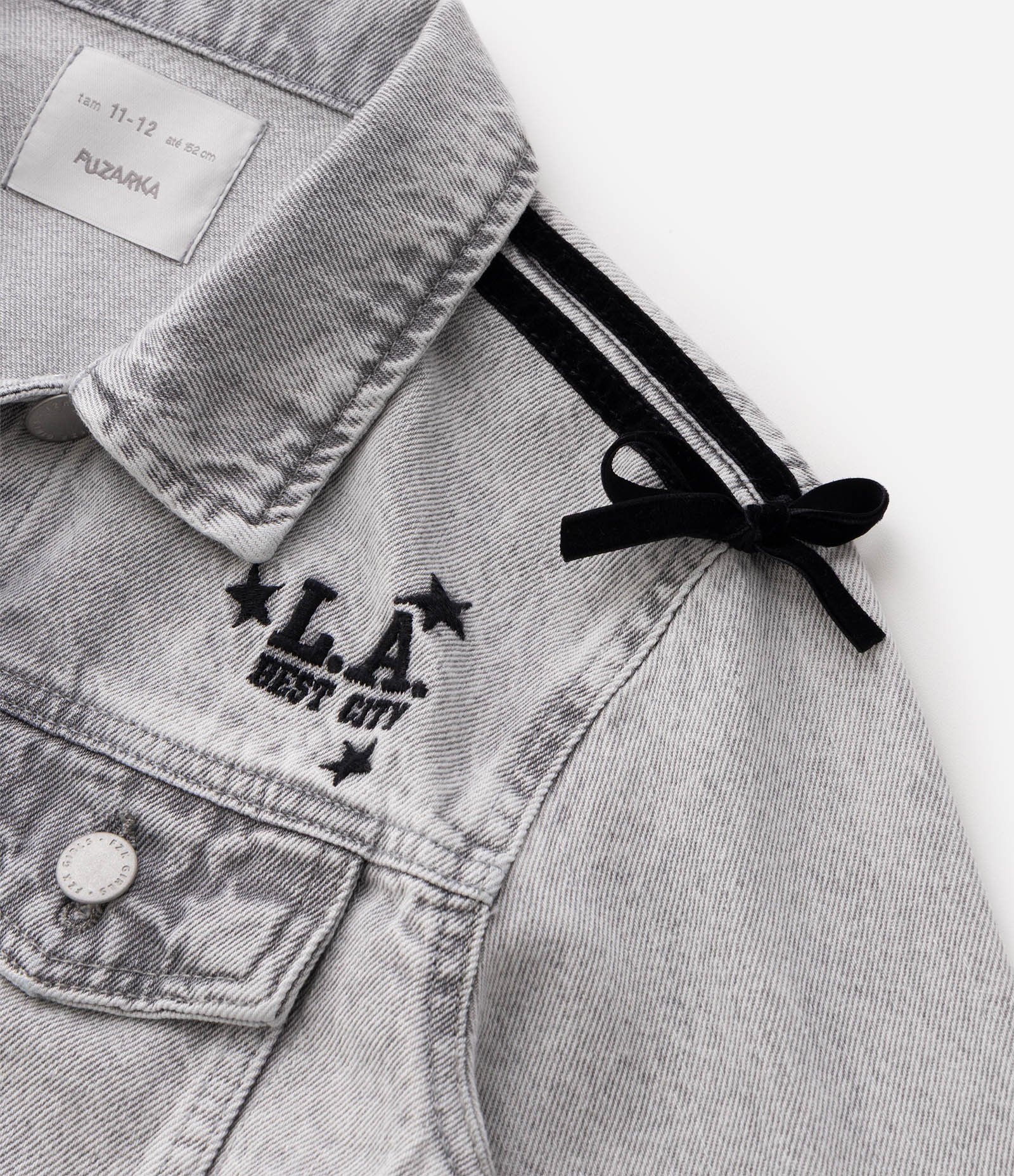 Jaqueta Jeans Infantil Comfort com Laços nos Ombros - Tam 5 a 16 Anos Cinza 7
