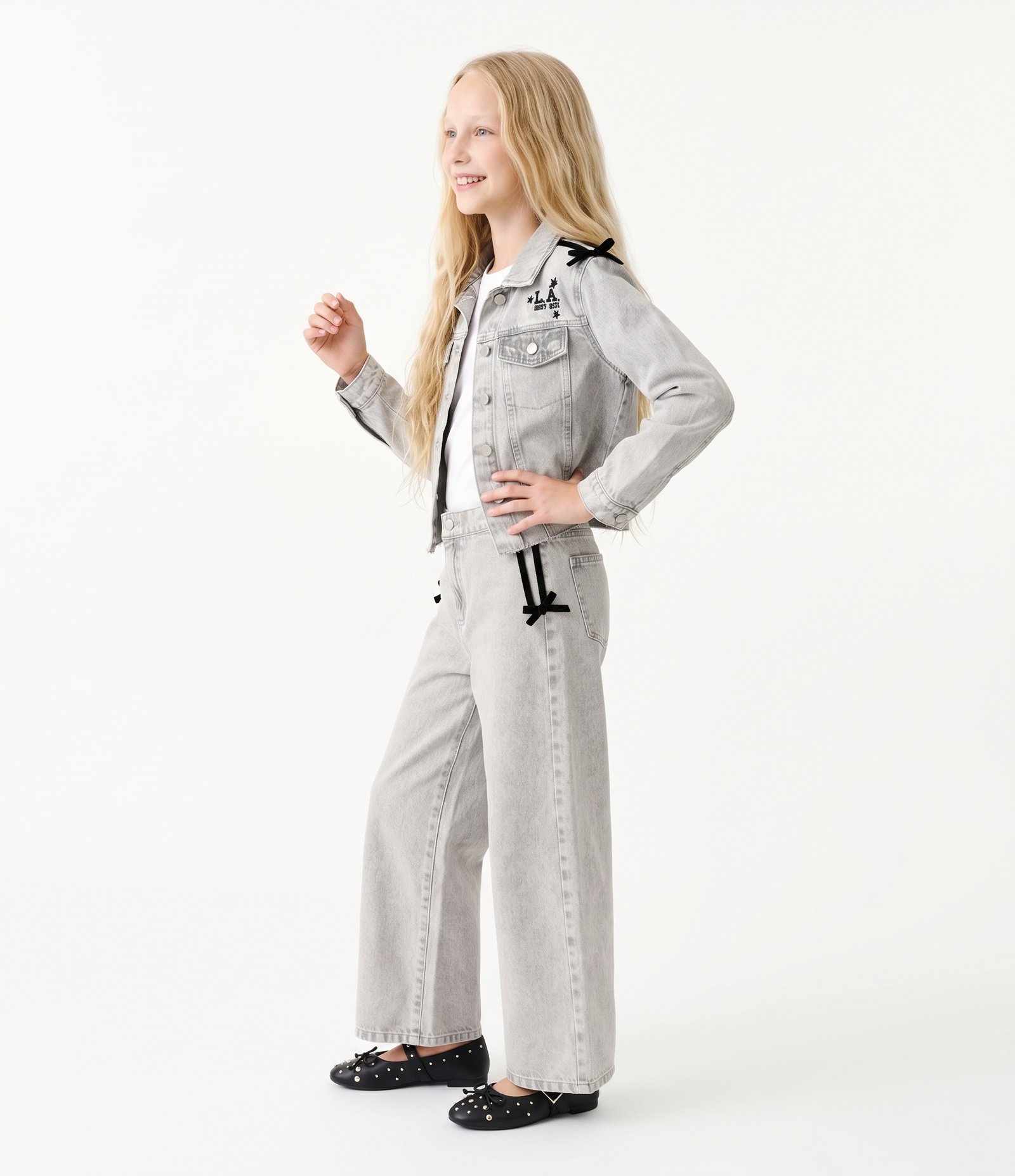 Jaqueta Jeans Infantil Comfort com Laços nos Ombros - Tam 5 a 16 Anos Cinza 2