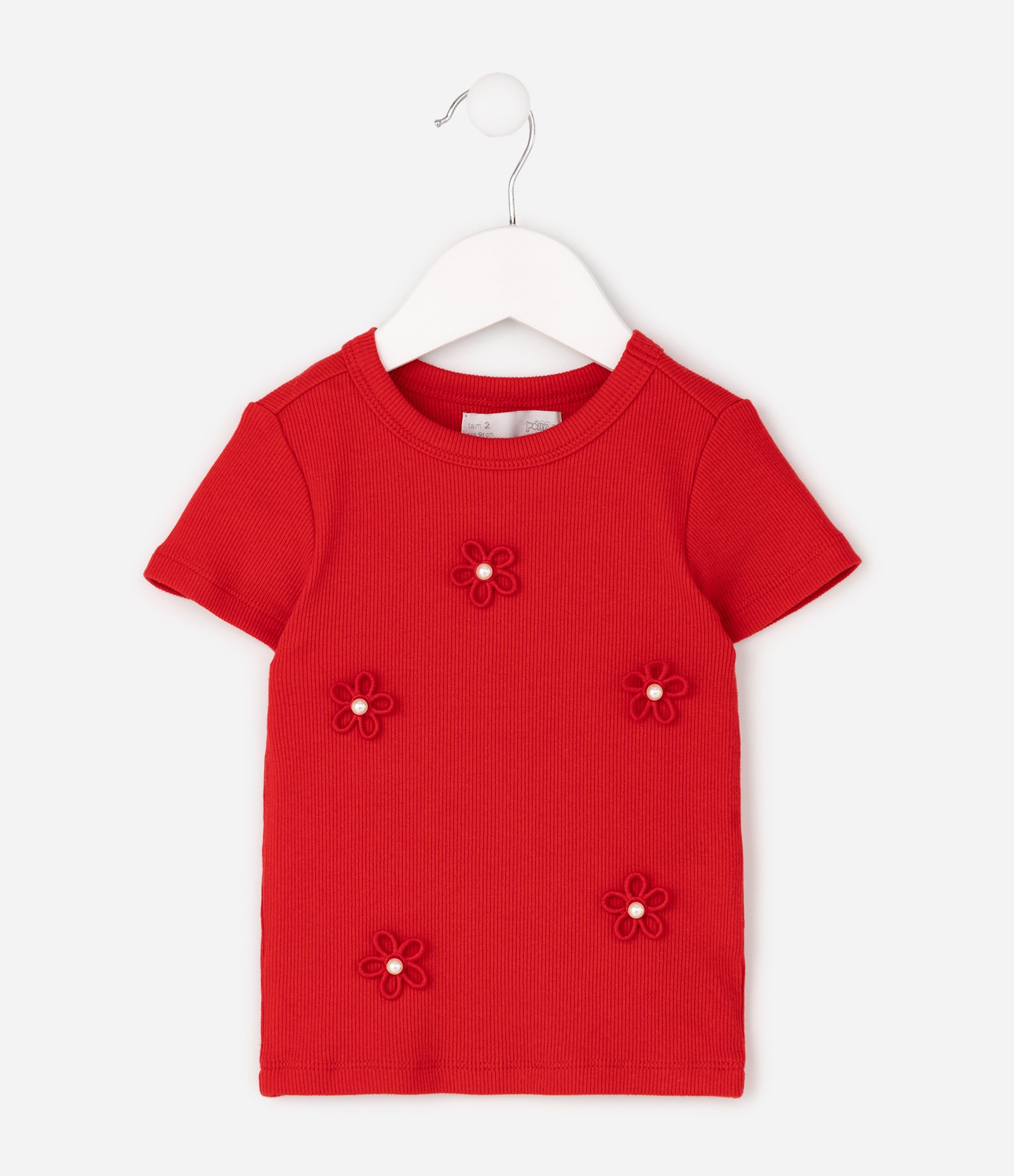 Camiseta Infantil Poim com Bordados de Flores Tam 1 a 6 Anos Vermelho 3