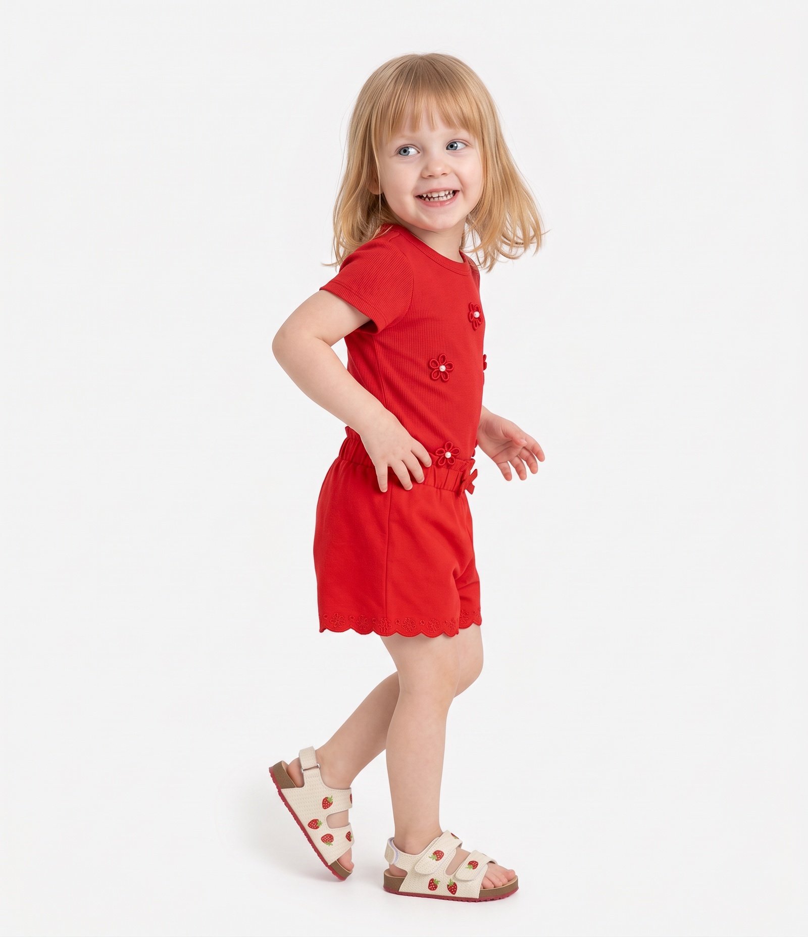 Camiseta Infantil Poim com Bordados de Flores Tam 1 a 6 Anos Vermelho 2