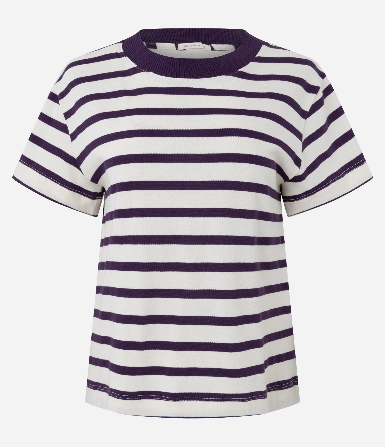 Blusa Slim Listrada em Algodão com Gola Contrastante Roxo/Branco 1