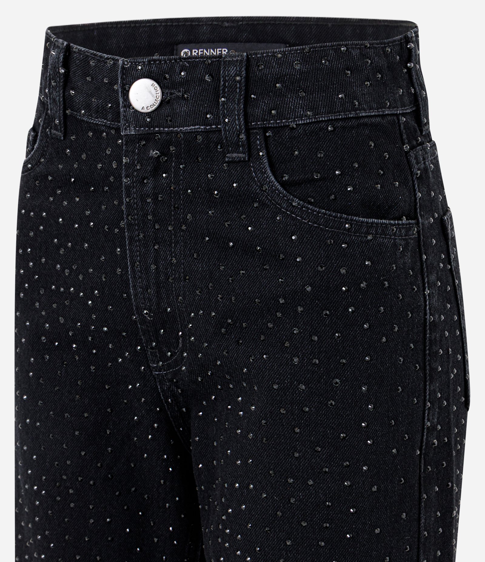 Calça Reta Comfort Jeans com Cintura Alta e Aplicação Brilho Preto 6