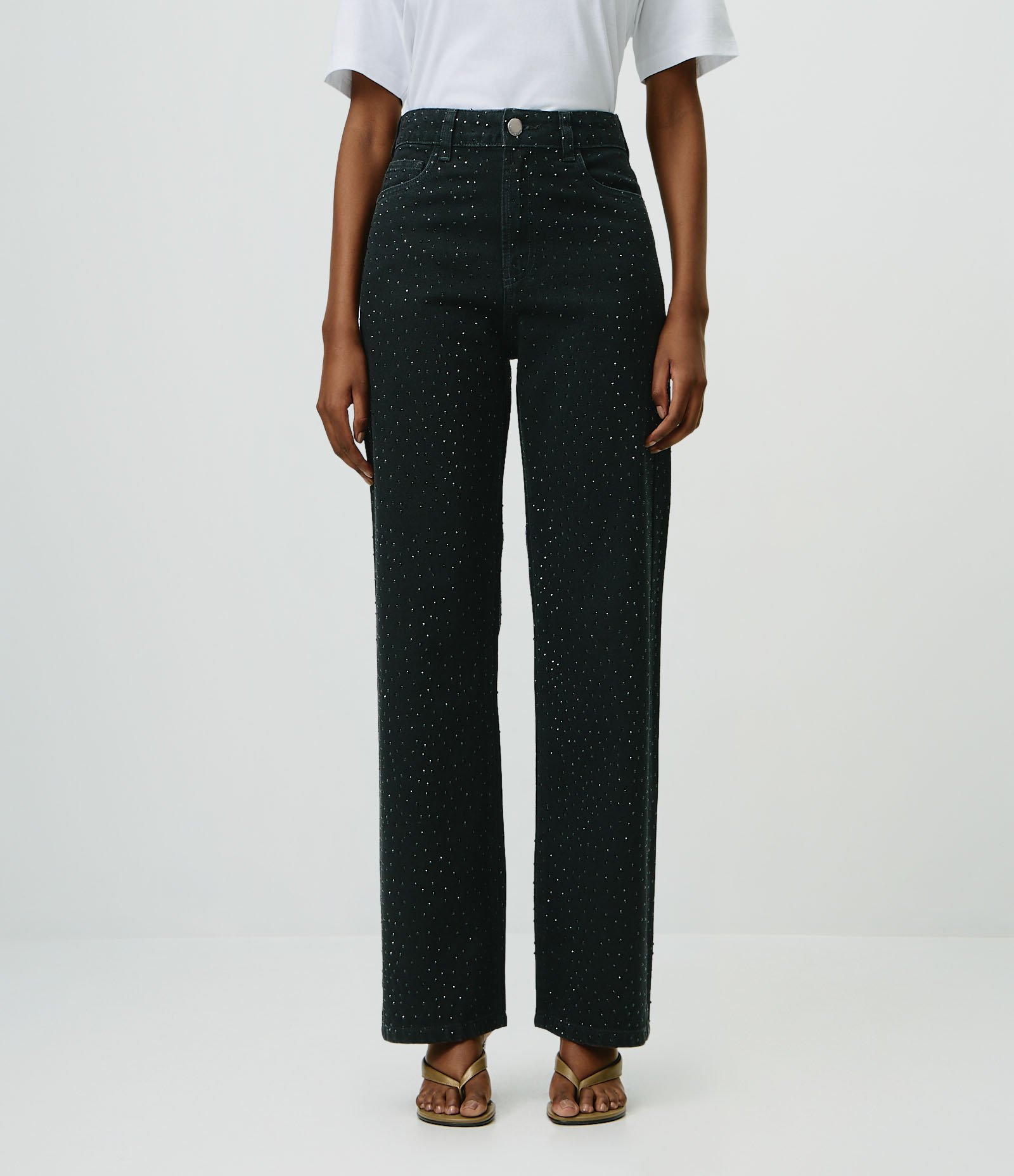 Calça Reta Comfort Jeans com Cintura Alta e Aplicação Brilho Preto 2