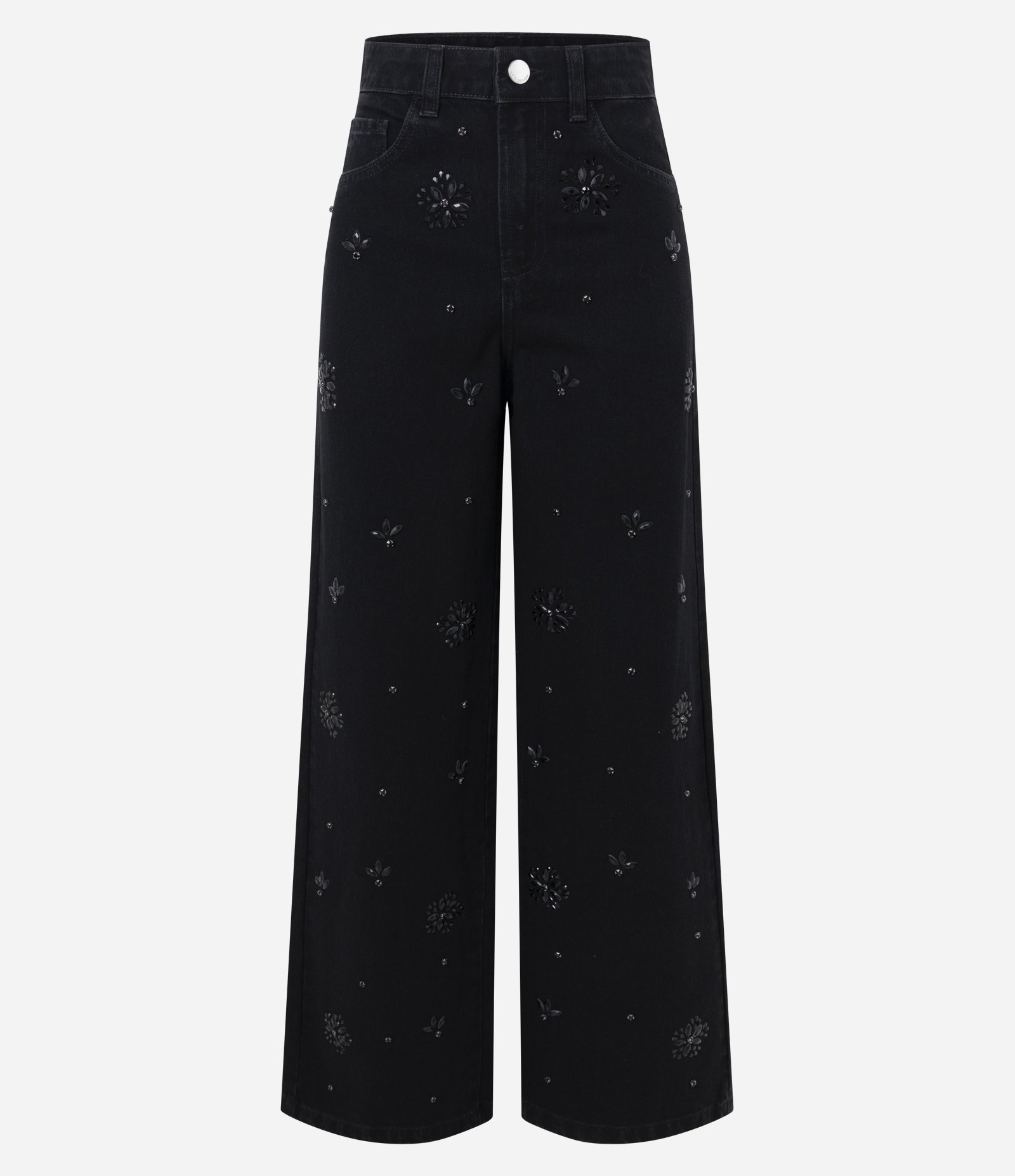 Calça Jeans Wide Leg com Aplicações de Brilho Preto 1