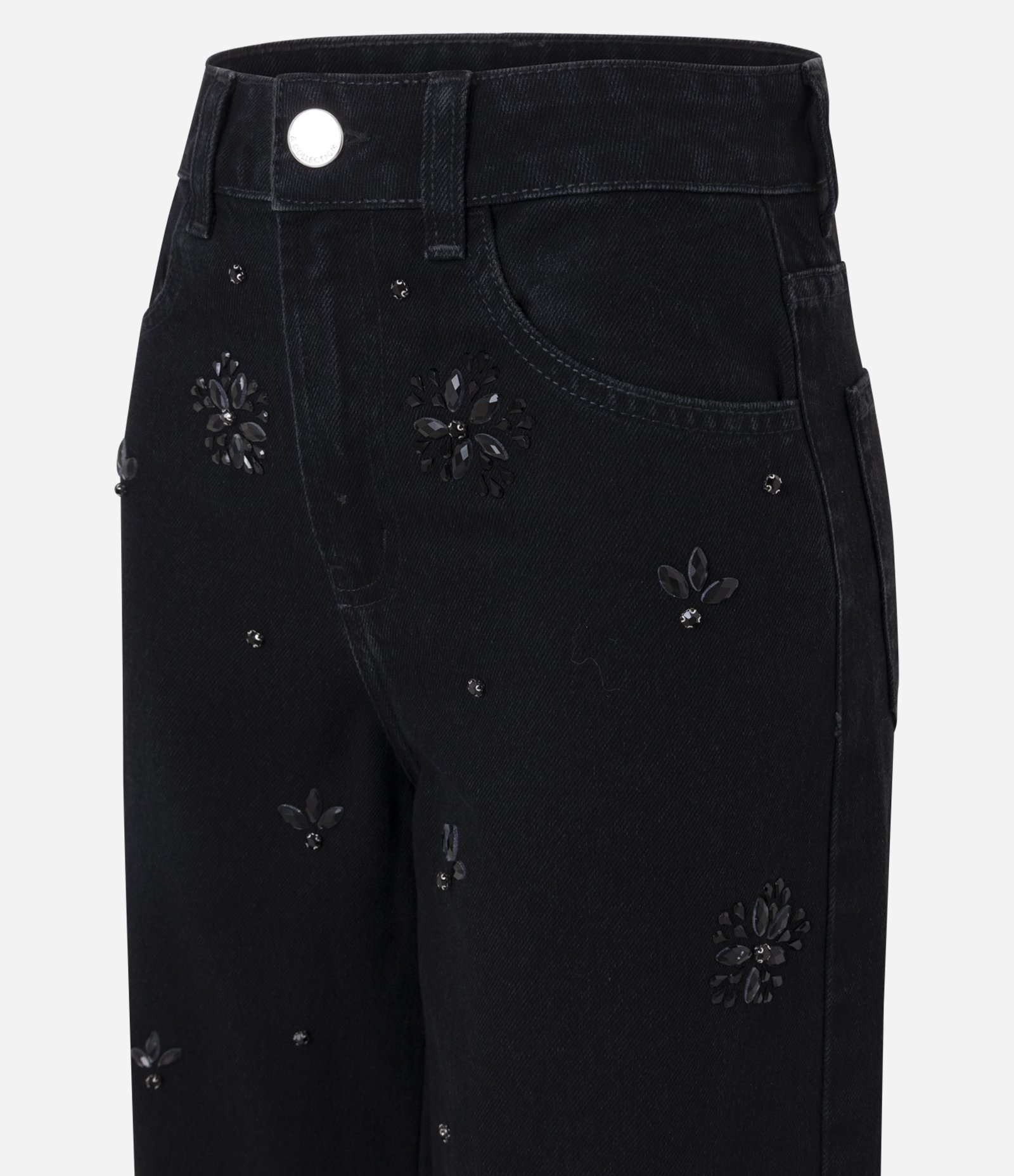 Calça Jeans Wide Leg com Aplicações de Brilho Preto 2