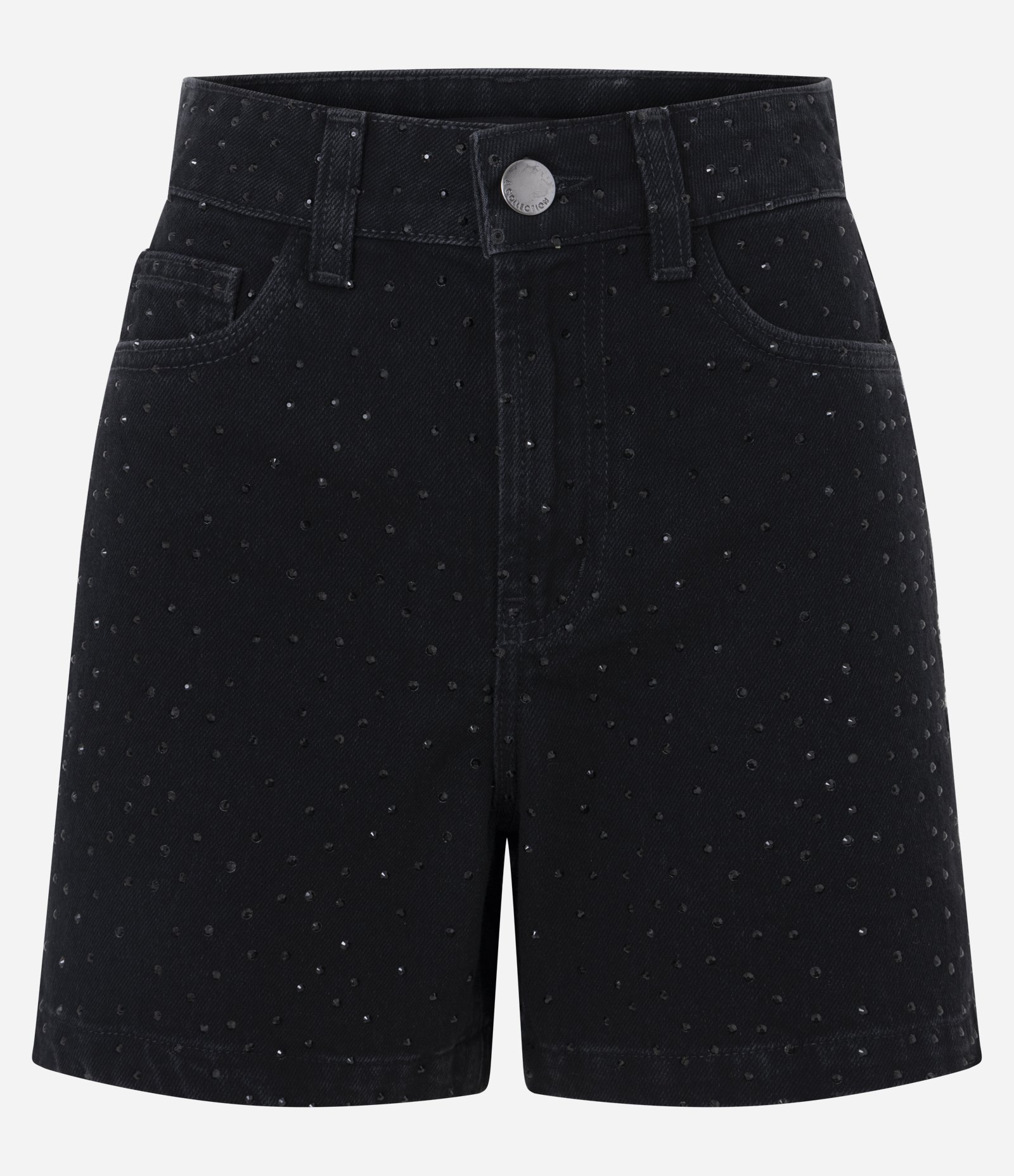 Short Mom em Jeans com Cintura Alta e Aplicação de Brilho Full Preto 5