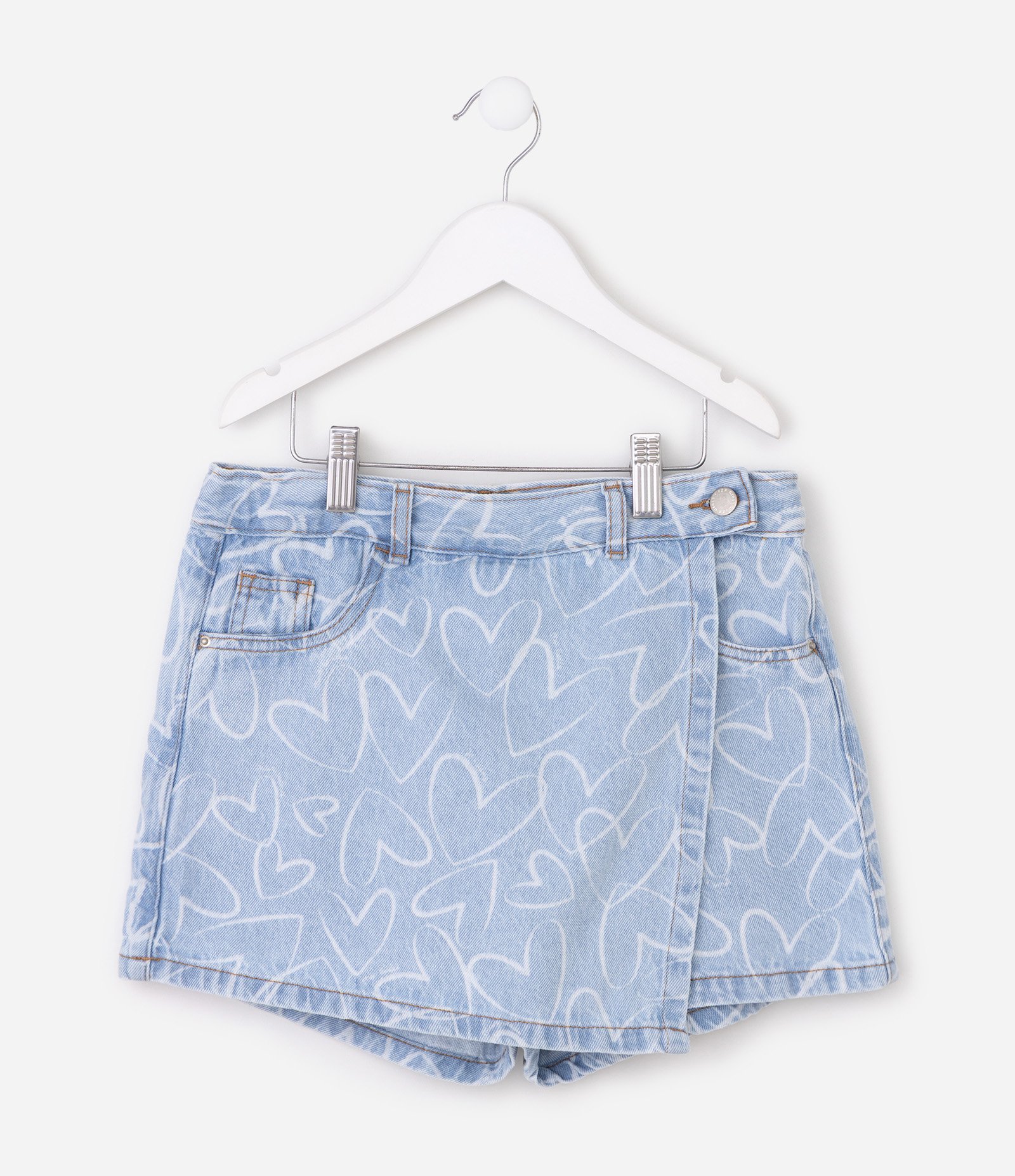 Short Saia Infantil em Jeans com Estampa de Corações – Tam 5 a 16 Anos Azul Claro 2