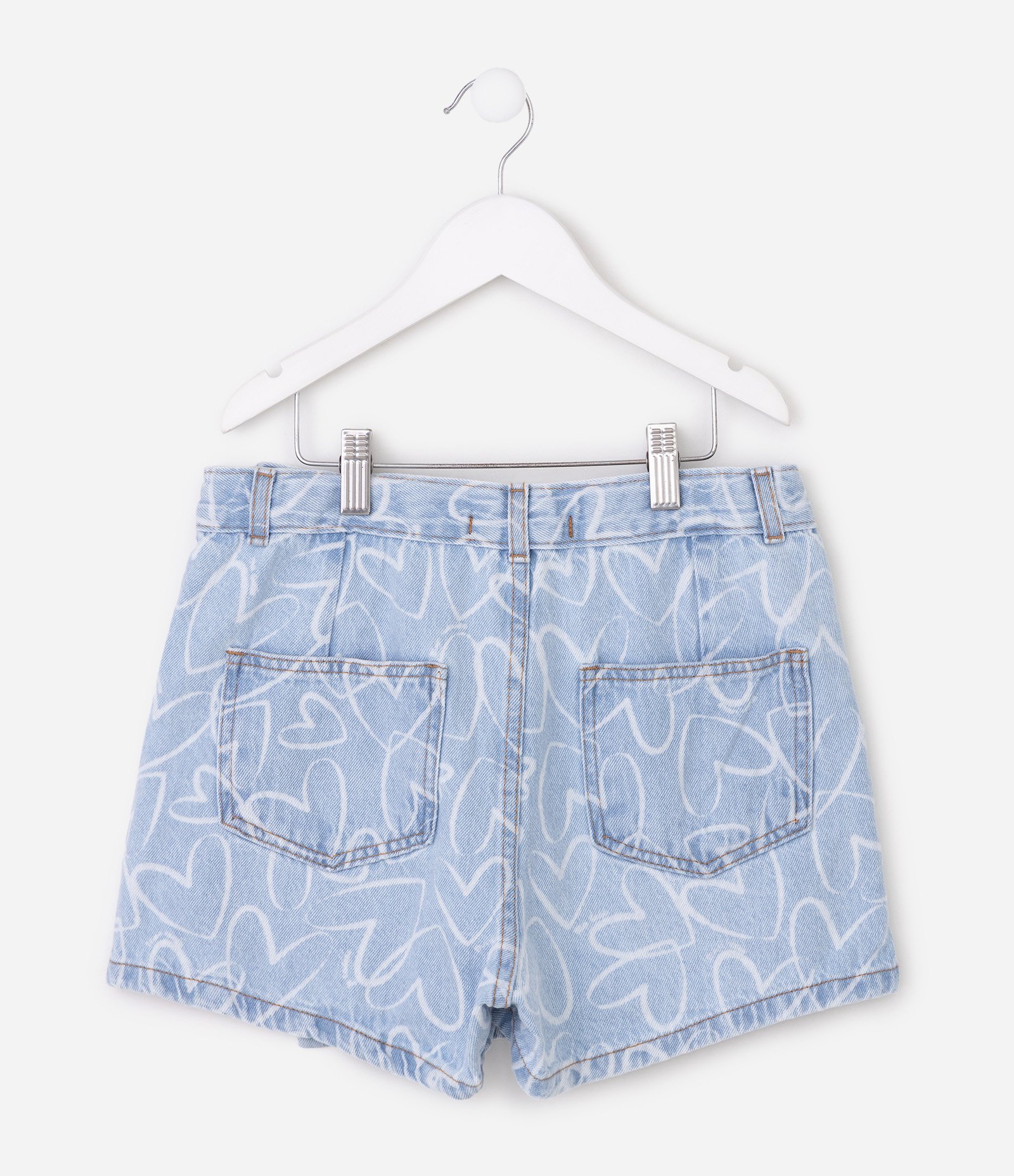 Short Saia Infantil em Jeans com Estampa de Corações – Tam 5 a 16 Anos Azul Claro 3