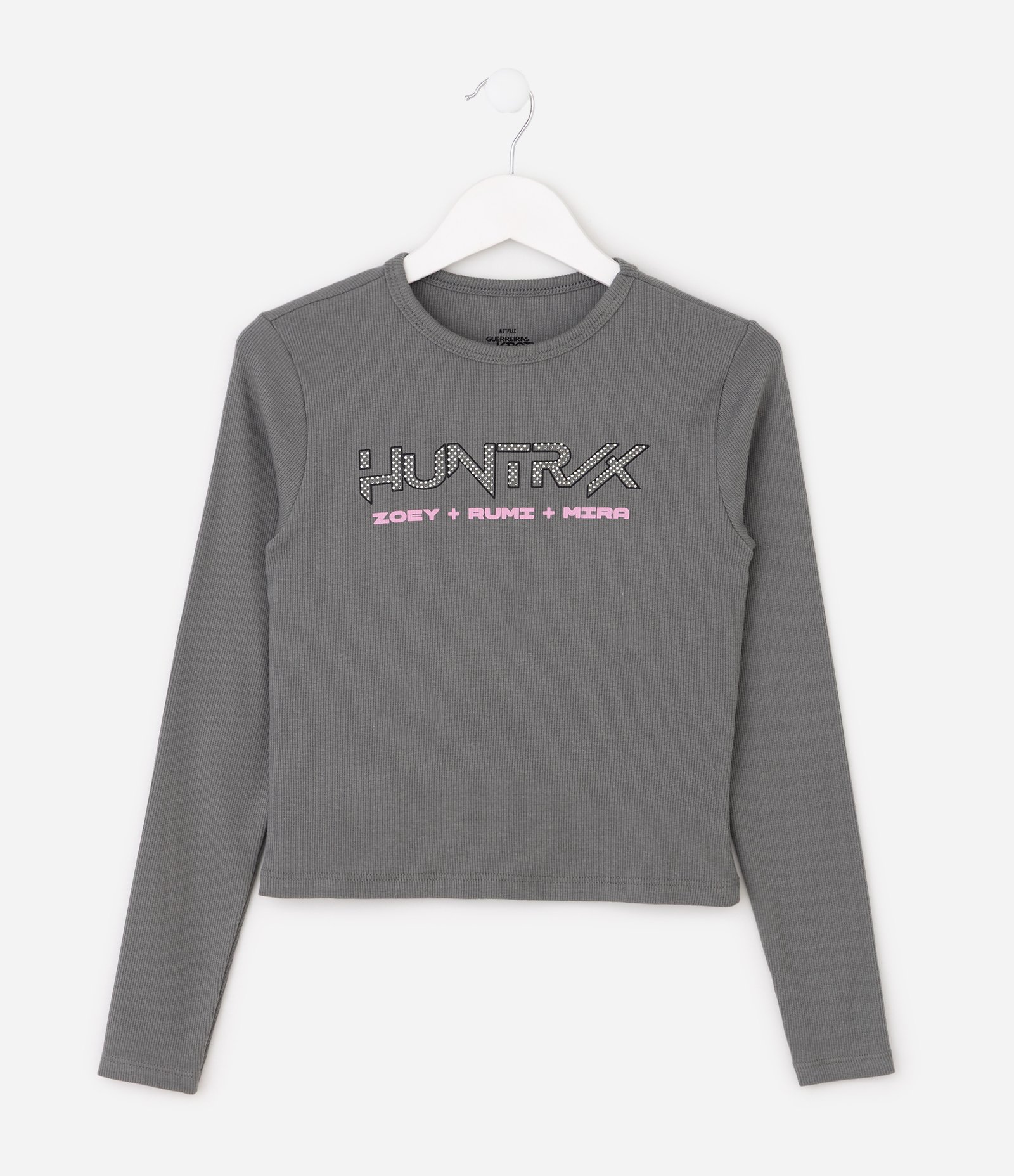 Blusa Infantil Slim com Lettering Huntrix e Aplicação de Strass – Tam 5 a 16 Anos Cinza Mescla 1