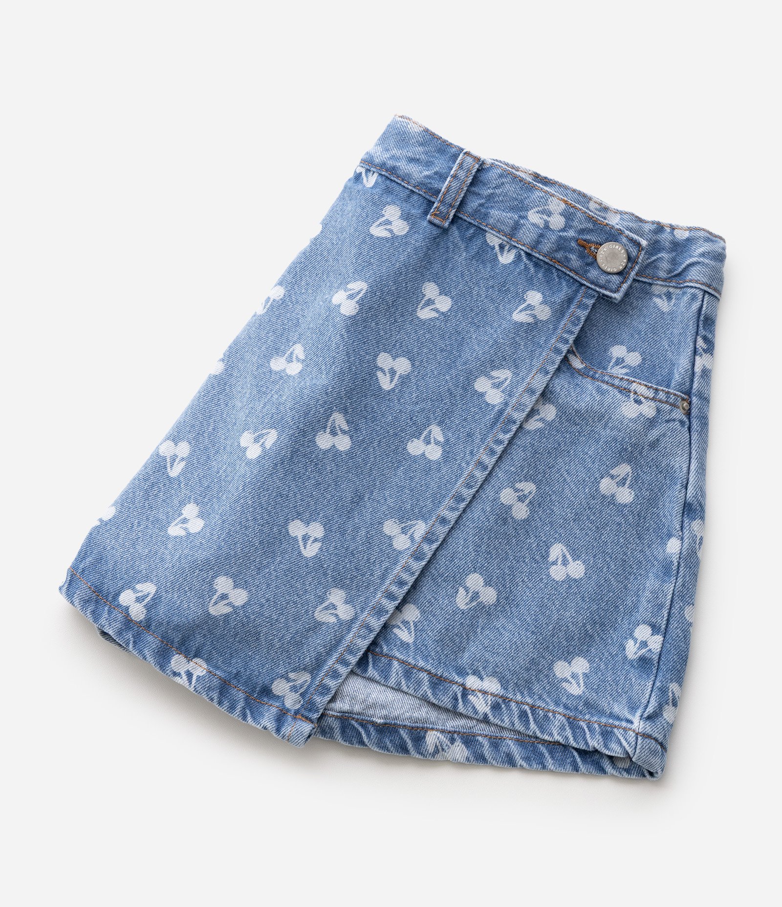 Short Saia Jeans com Estampa de Cerejas Infantil - Tam 5 a 16 Anos Azul 4