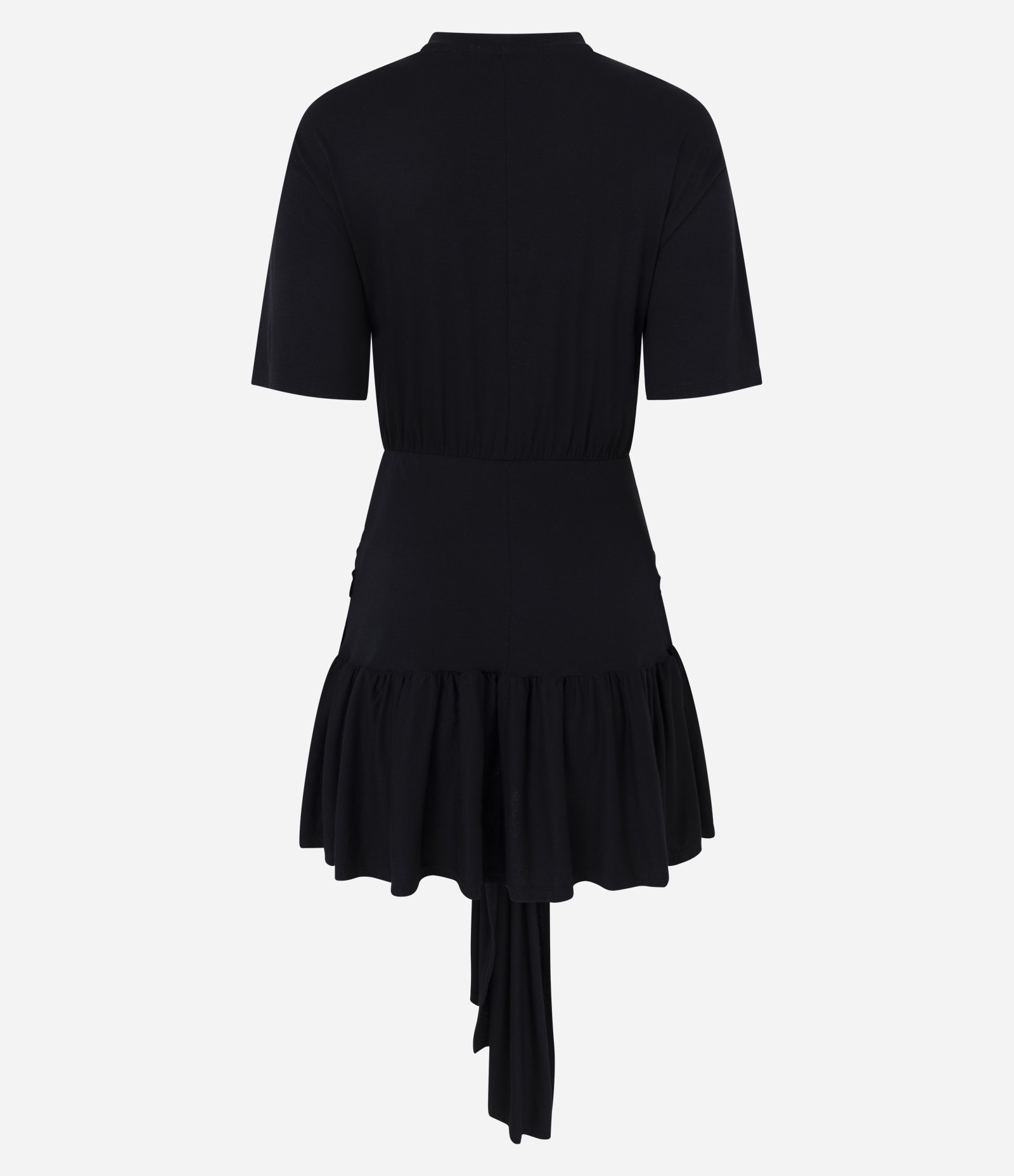 Vestido Curto com Amarração na Cintura e Babados Preto 6